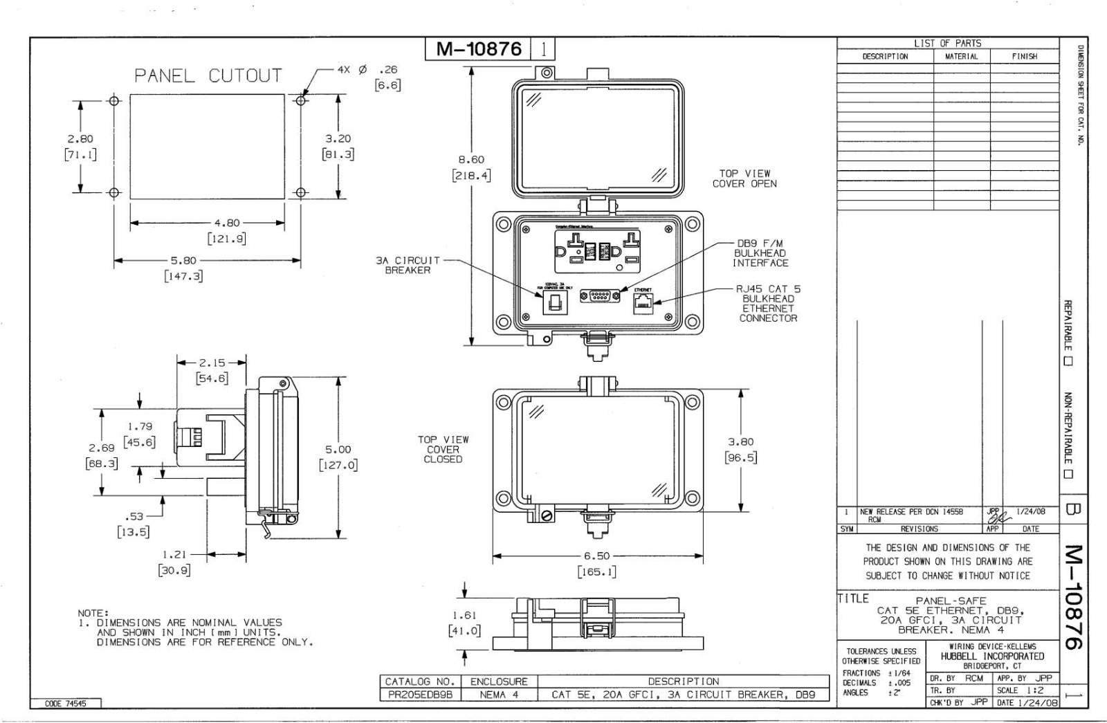 Hubbell PR205EDB9B Reference Drawing