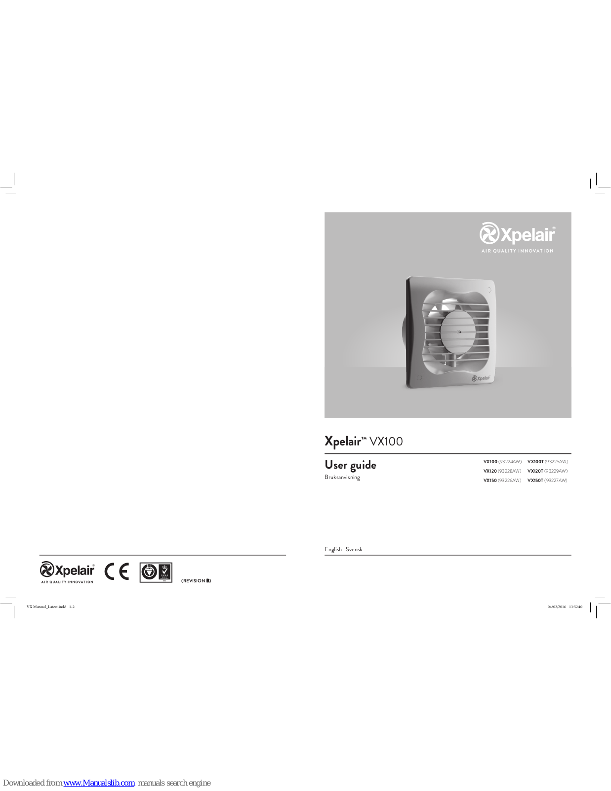 Xpelair VX100, VX120, VX150, VX100T, VX120T User Manual