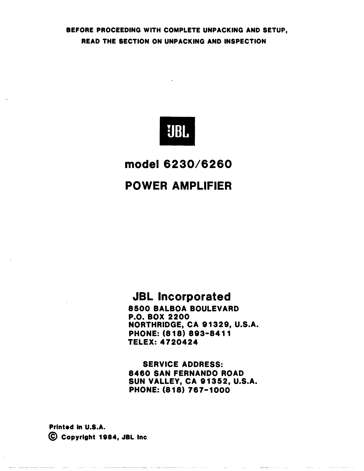 JBL 6230 Owners manual