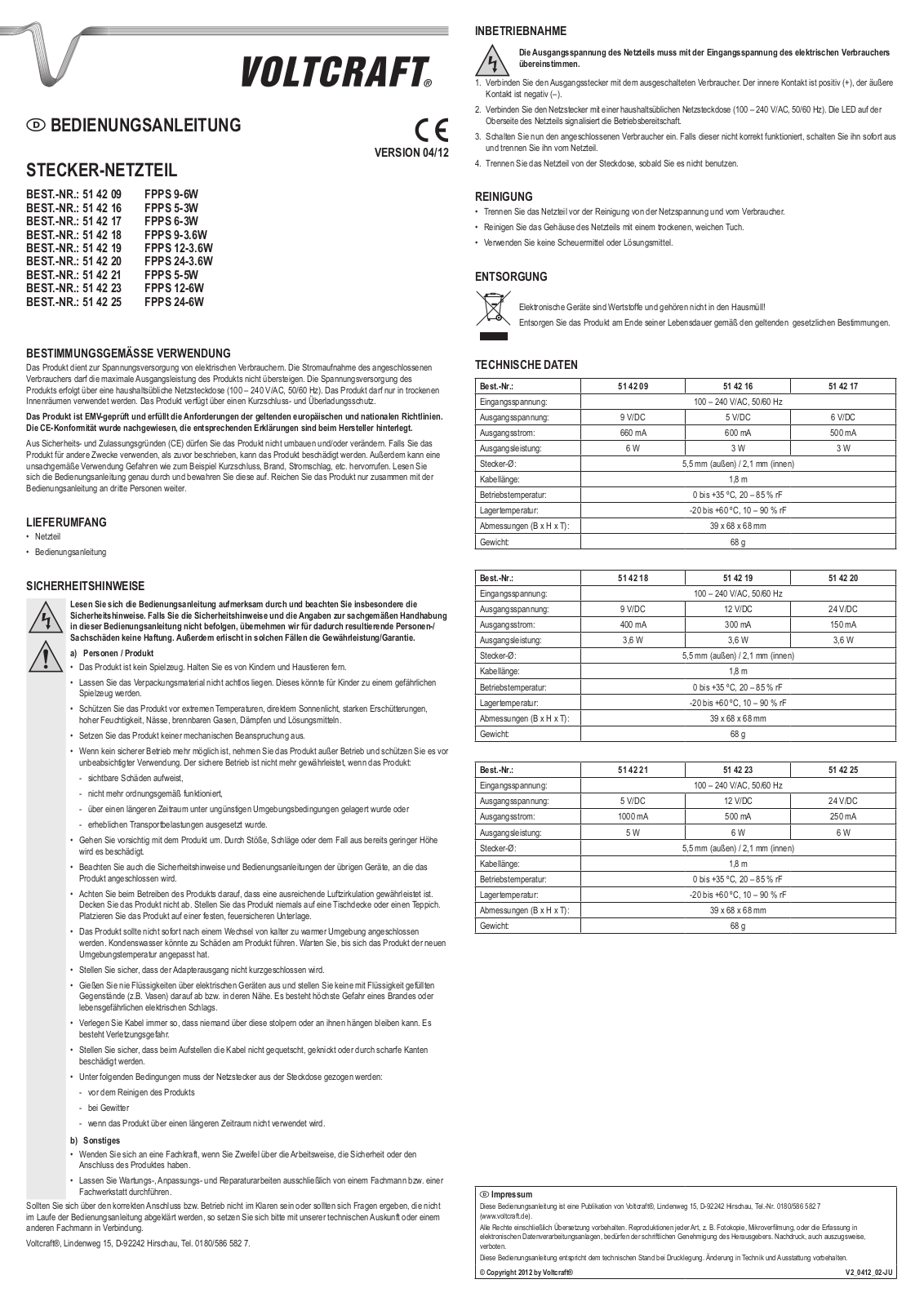 VOLTCRAFT 51 42 09, 51 42 16, 51 42 17, 51 42 18, 51 42 19 Operation Manual