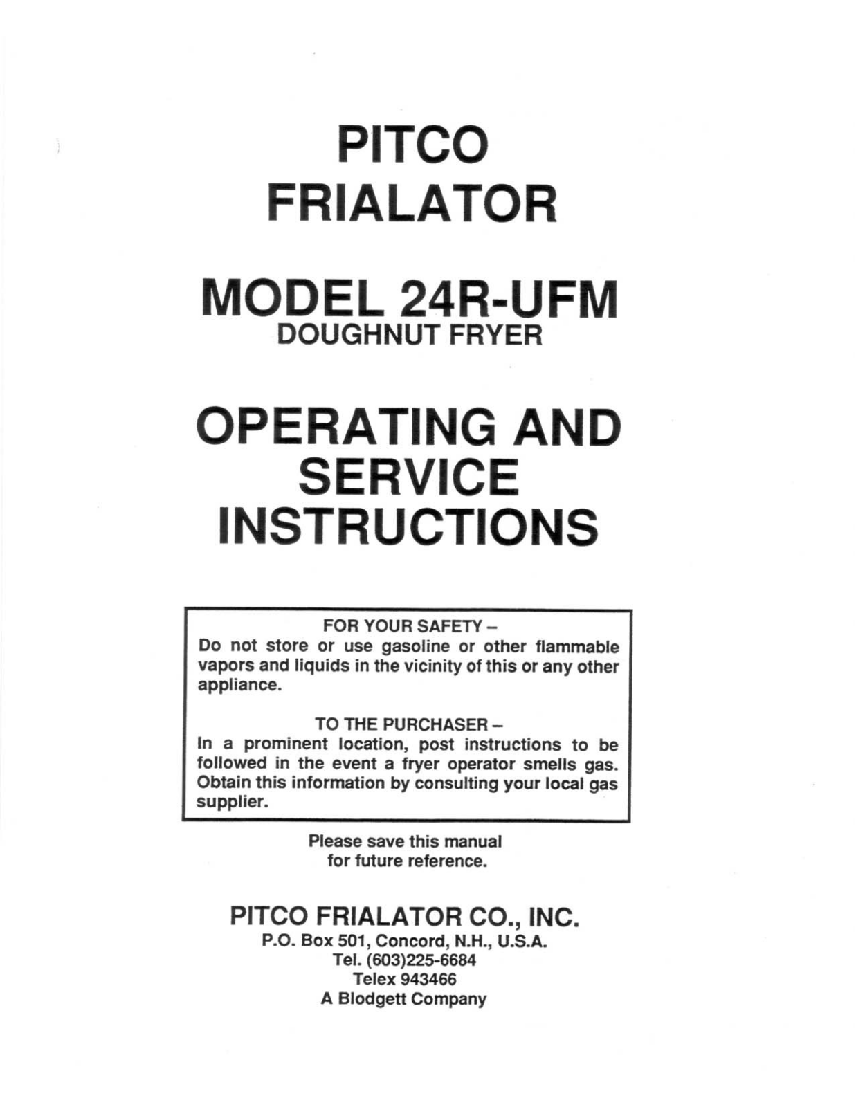 Pitco 24RUFM Service Manual