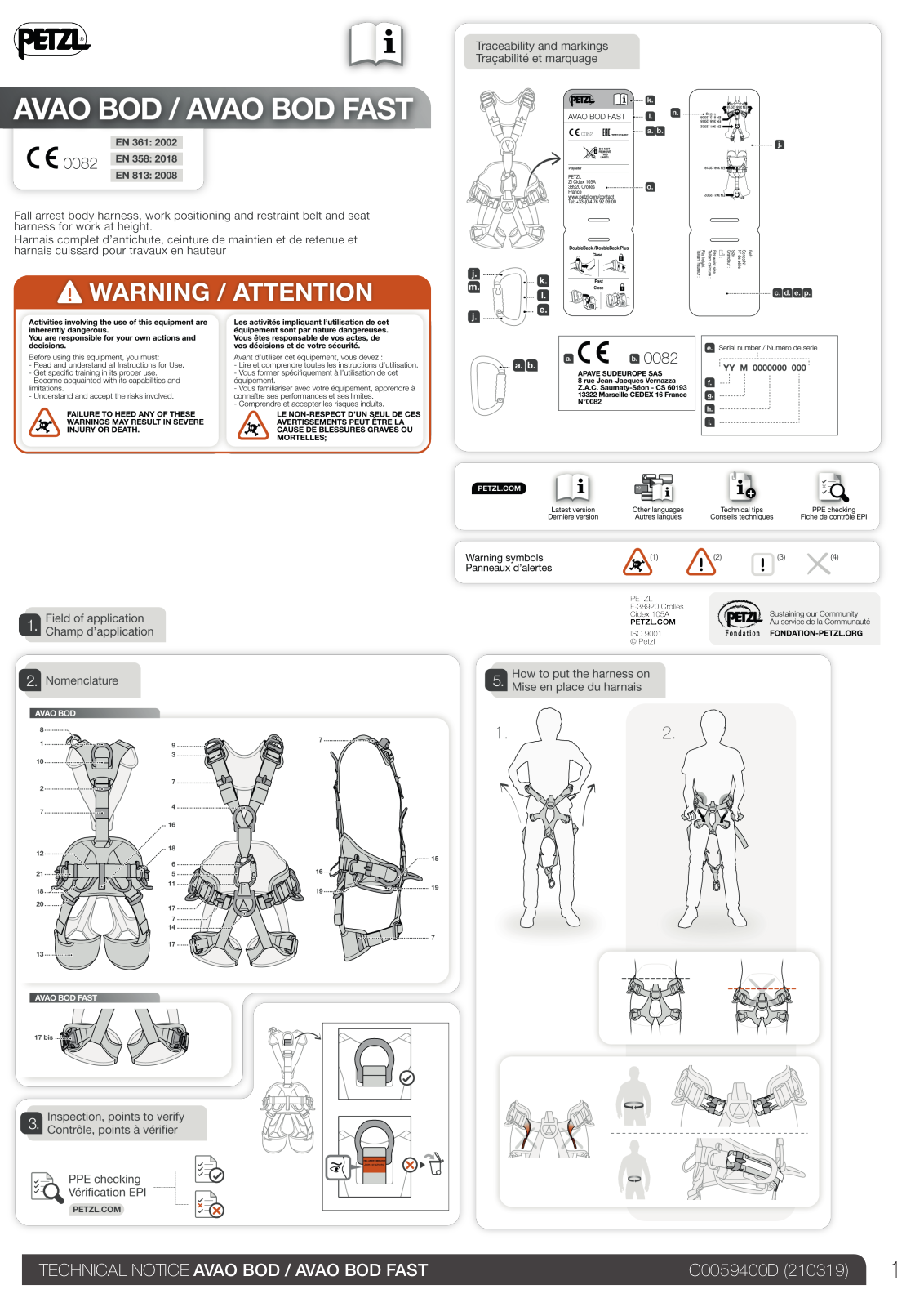 Petzl AVAO BOD, AVAO BOD FAST Technical Notice - ManualMachine.com