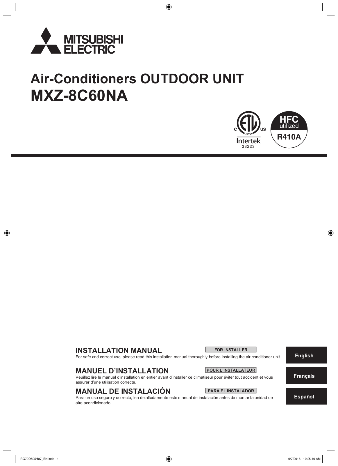 Mitsubishi Electronics MXZ-8C60NA Installation Manual