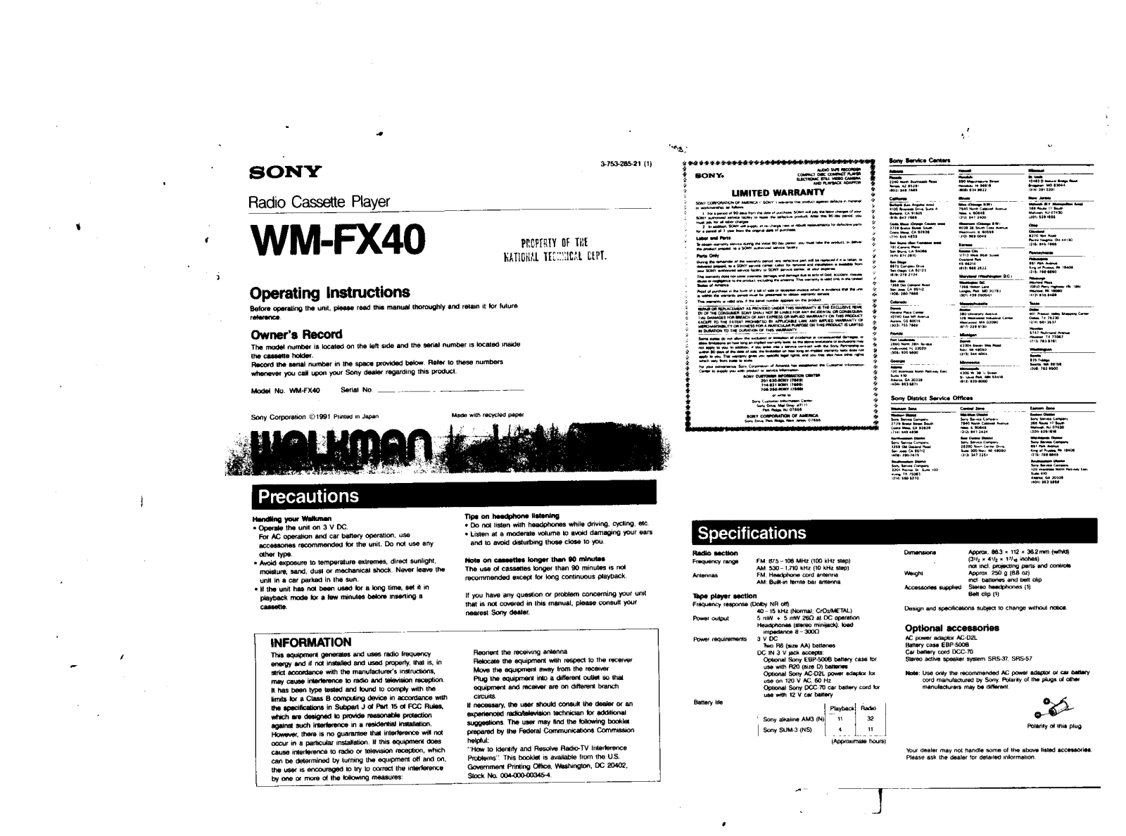 Sony WM-FX40 User Manual