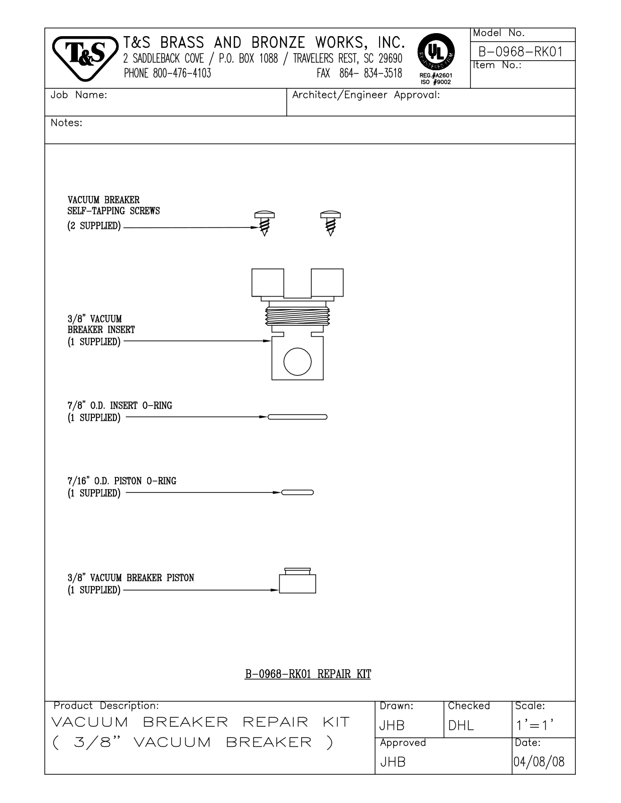 T & S Brass & Bronze Works B-0968-RK01 General Manual