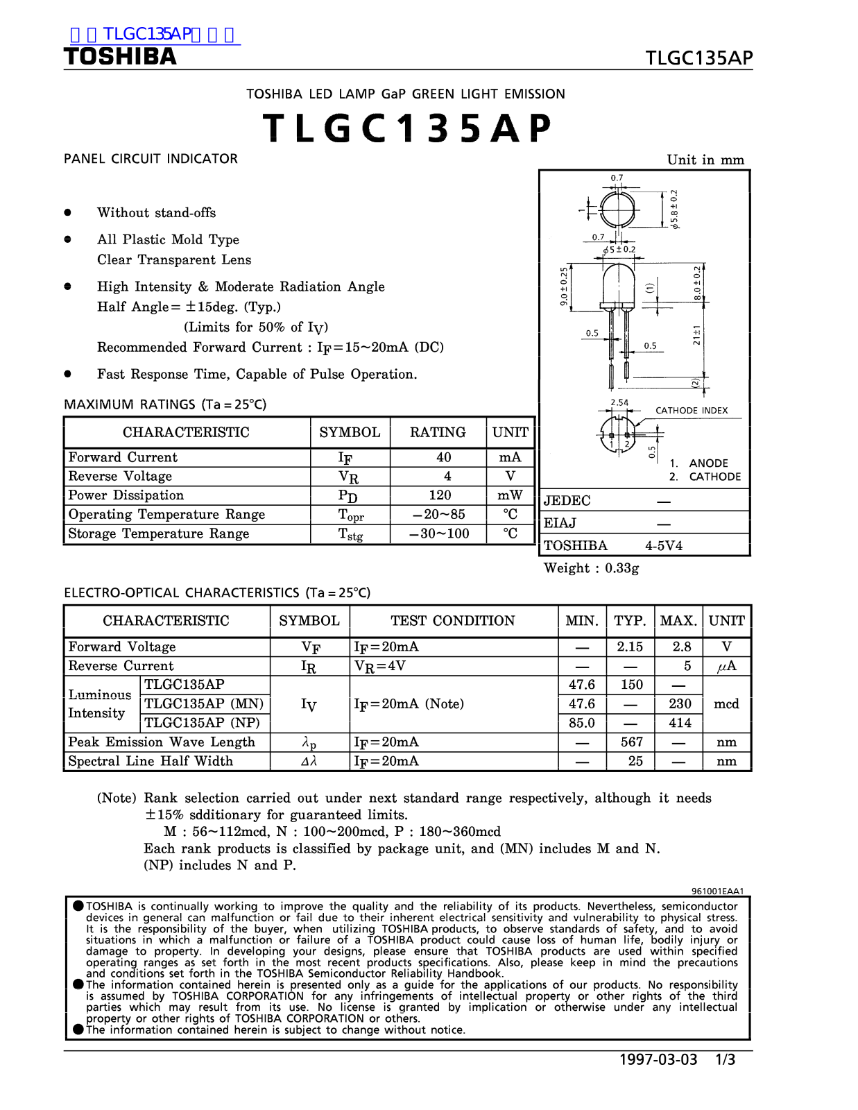 TOSHIBA TLGC135AP Technical data