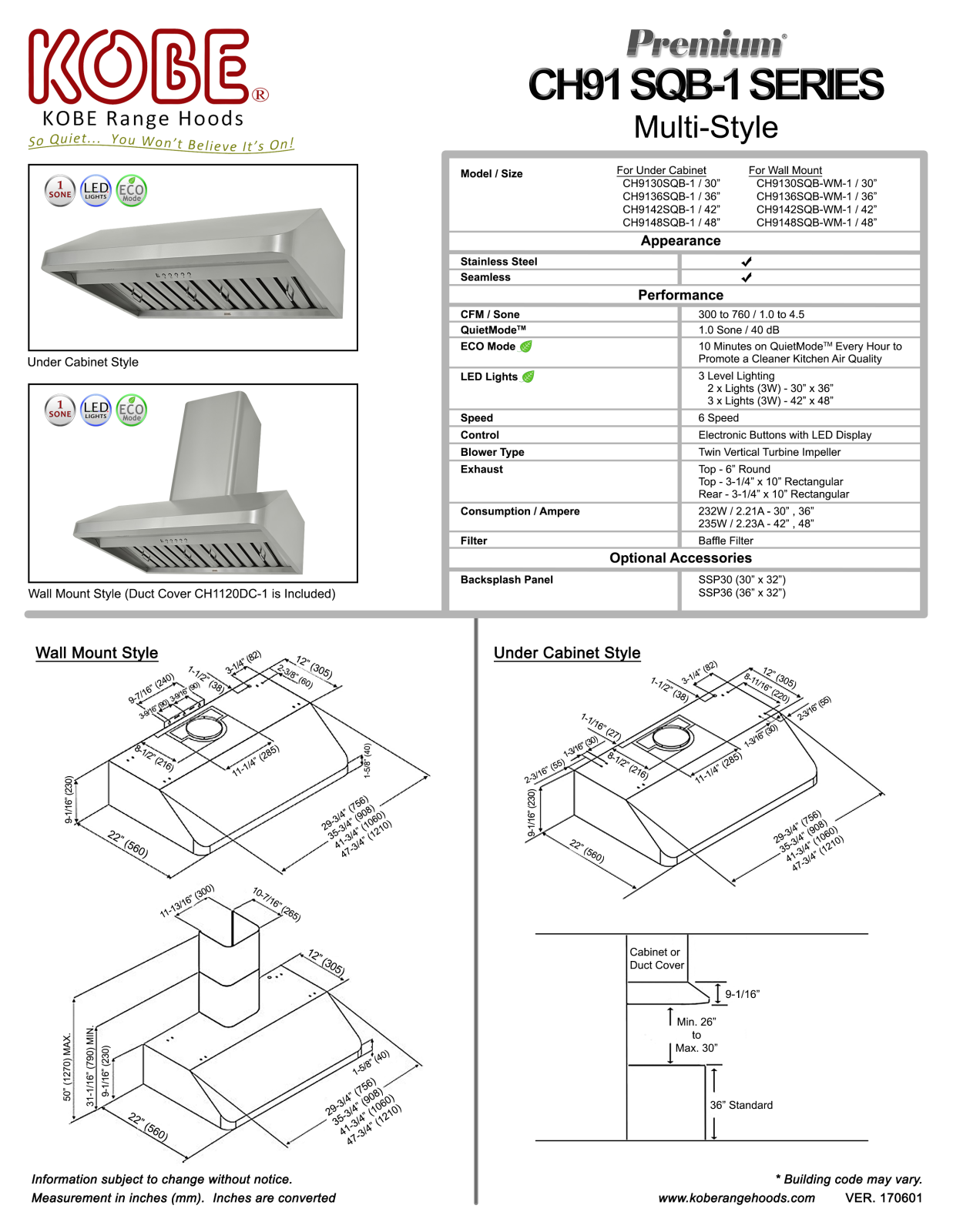 Kobe CH9130SQB1, CH9136SQBWM1 Specifications