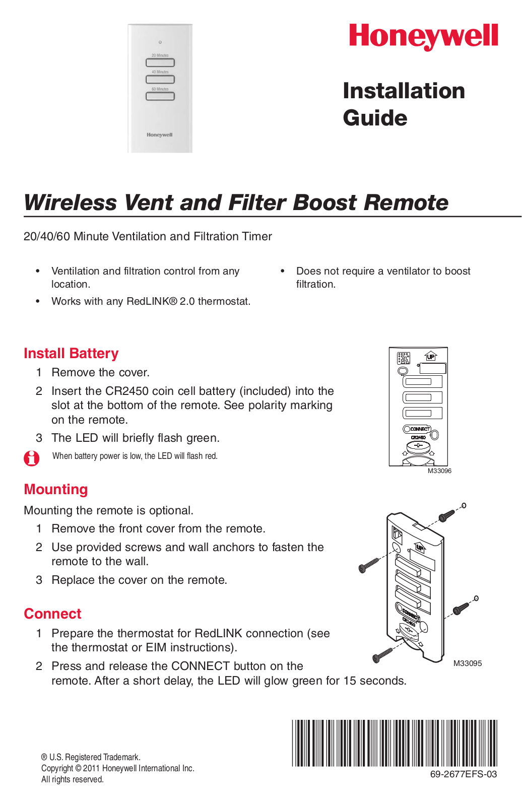 Honeywell Wireless Vent and Filter Boost Remote Installation Guide