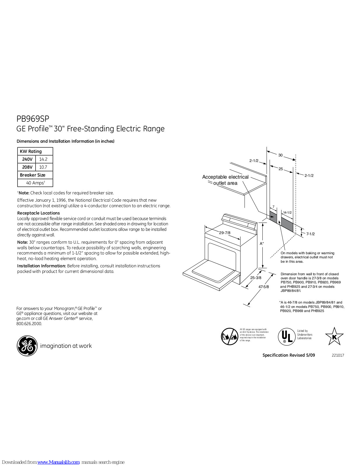 GE Profile PB969SPSS, Profile PB969SP Dimensions And Installation Information