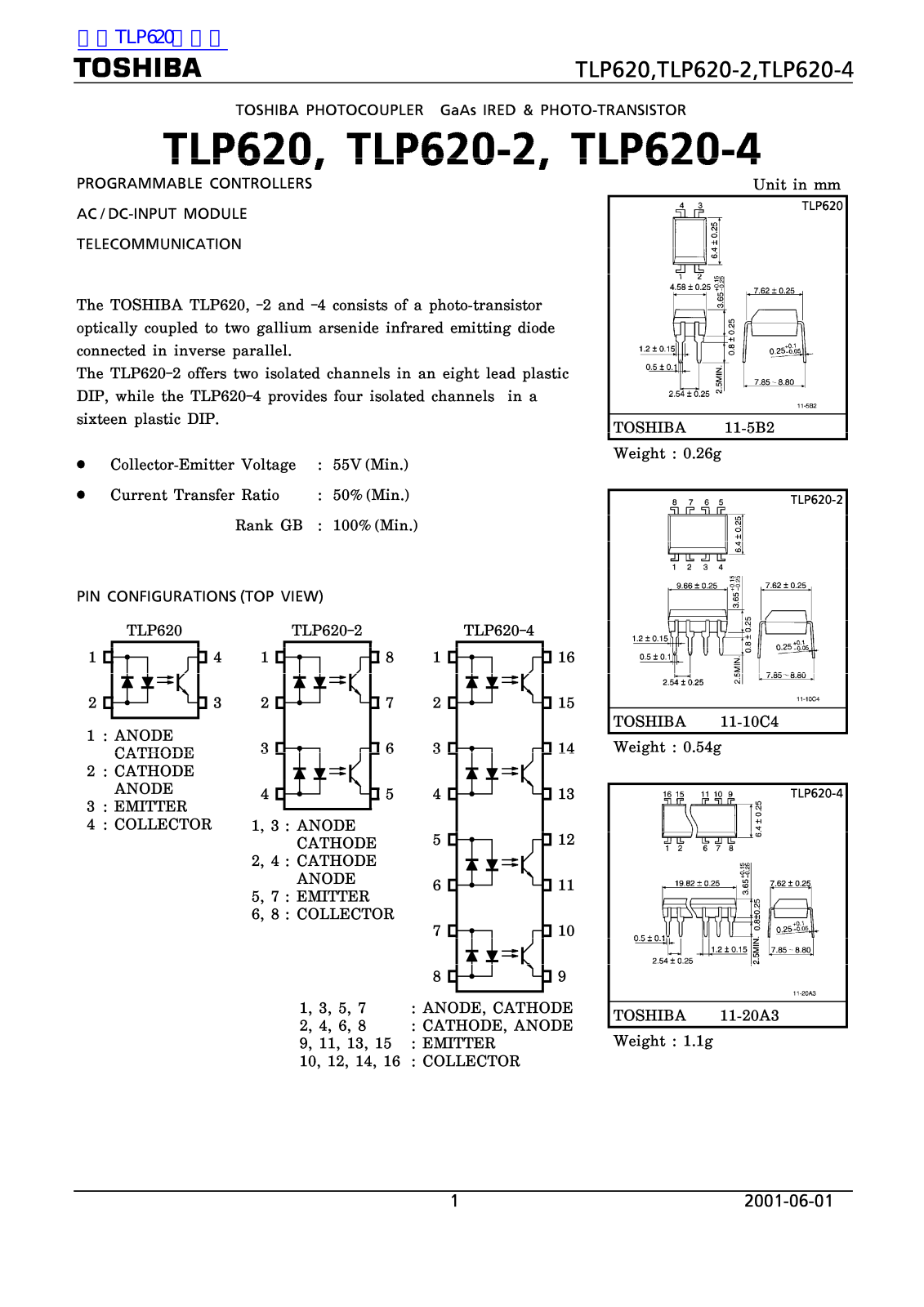 TOSHIBA TLP620, TLP620-2, TLP620-4 Technical data