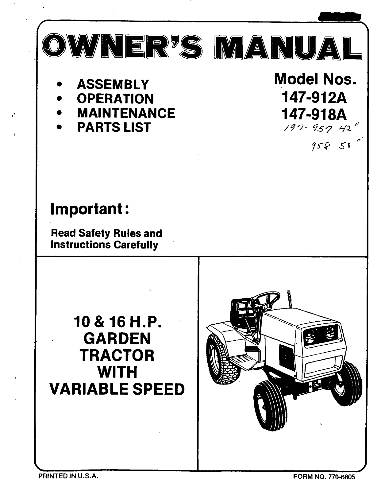 Mtd 147-912a, 147-918a owners Manual