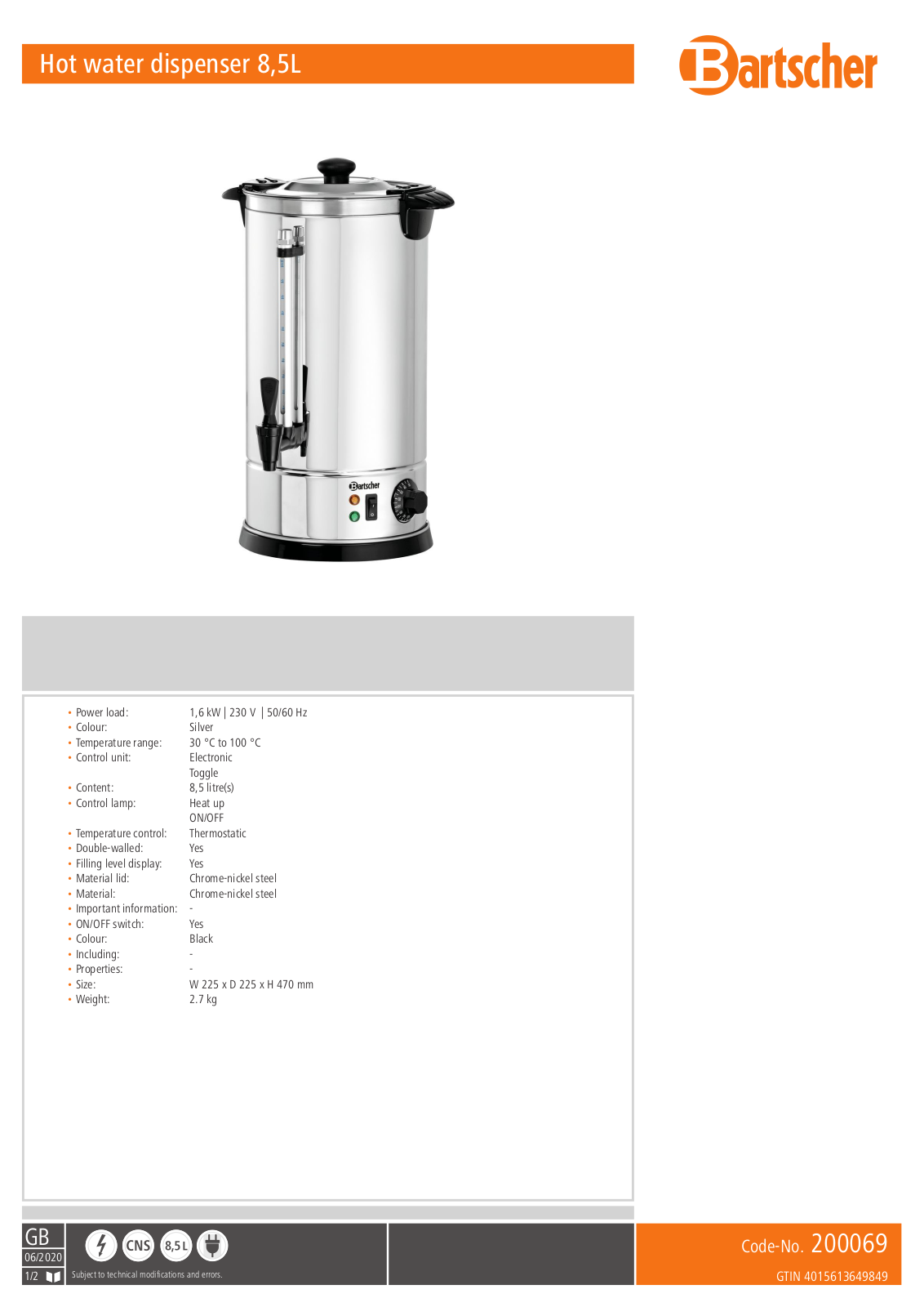 Bartscher 8.5l Technical data