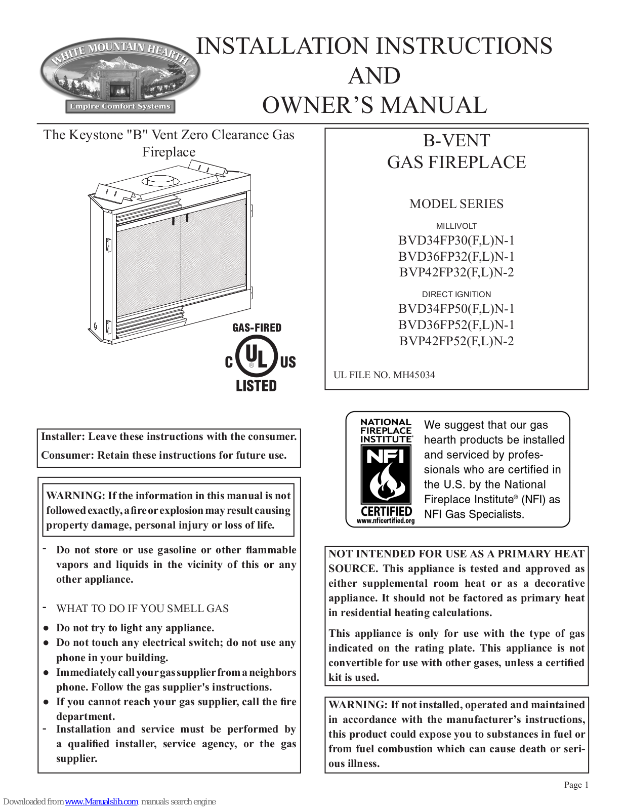 Empire Comfort Systems BVP42FP32FN-3, BVD34FP30FN-1, BVP42FP32LN-3, BVD34FP30LN-1, BVD34FP50FN-1 Installation Instructions And Owner's Manual