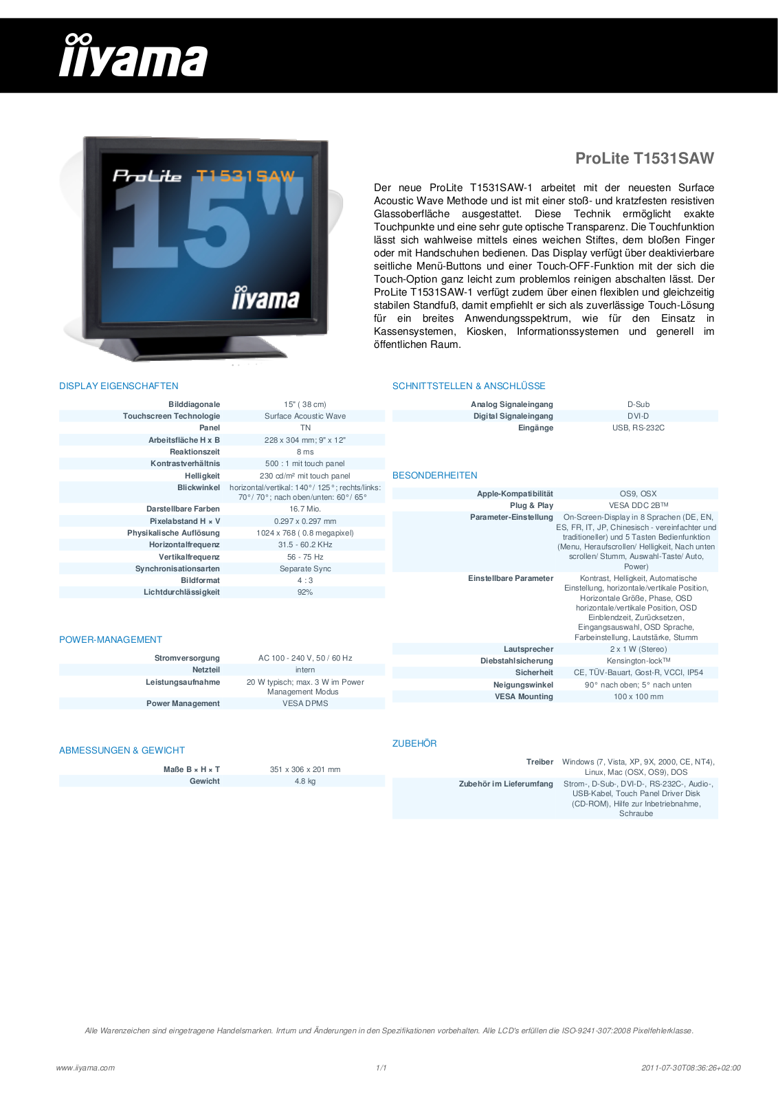 Iiyama PROLITE T1531SAW User Manual