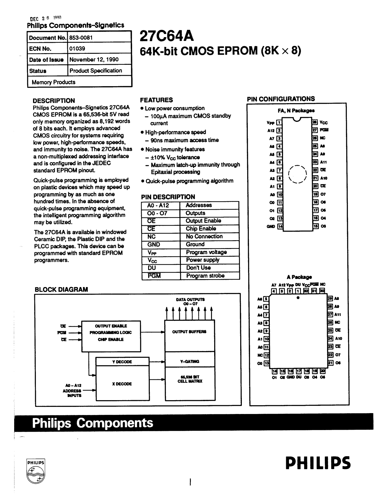 Philips 27C64A-15N, 27C64A-15A, 27C64A-12N, 27C64A-12FA, 27C64A-12A Datasheet