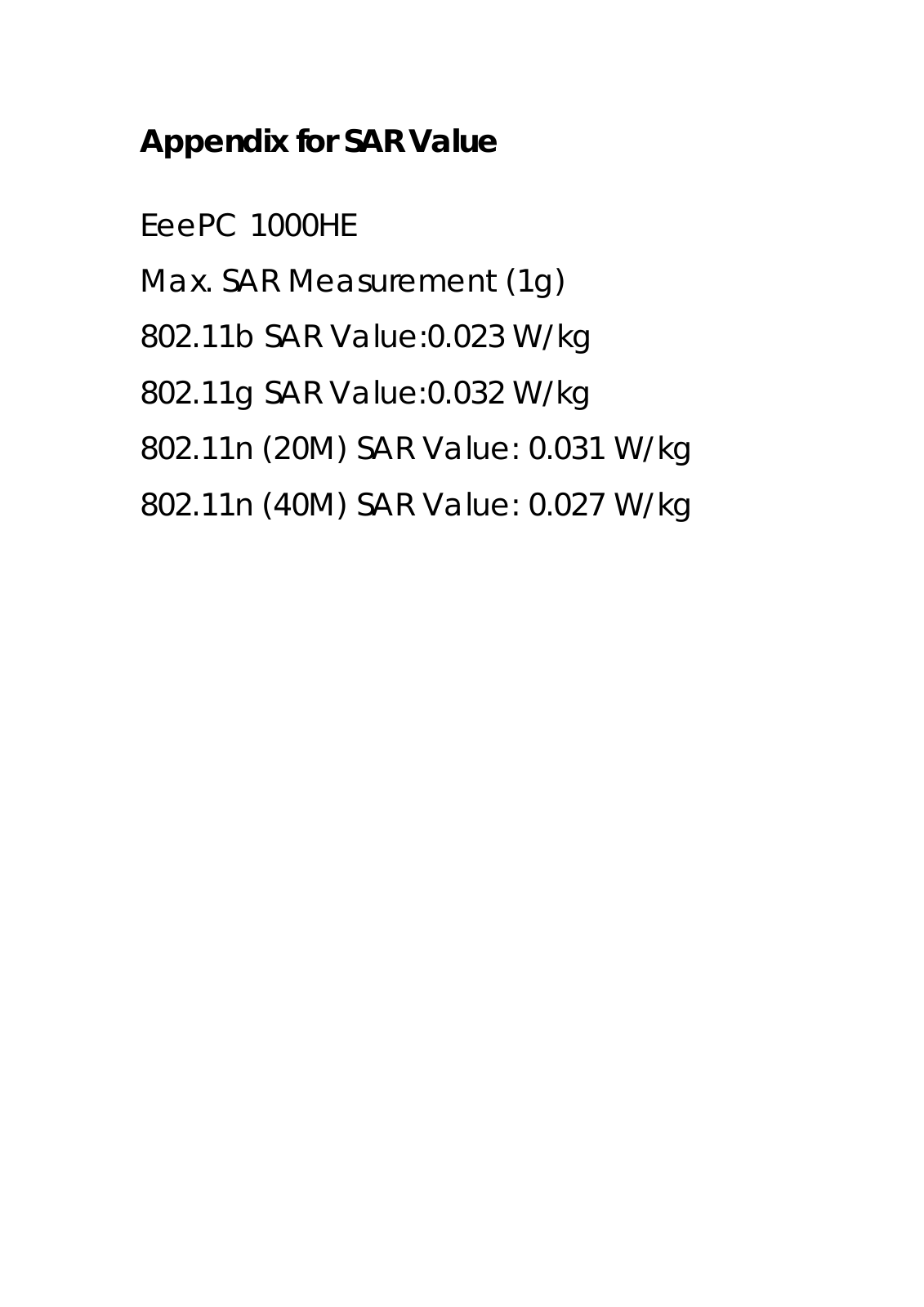 ASUSTeK Computer E10HEN771 Manual Appendix for SAR Value