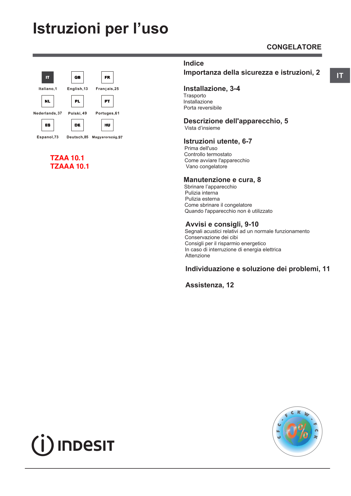 Indesit TZAAA 10.1 User Manual