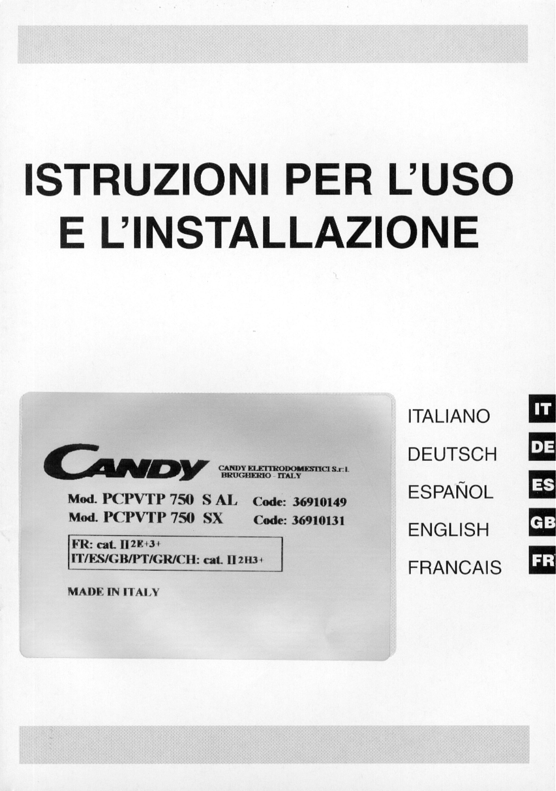 CANDY Pvtp 750 User Manual