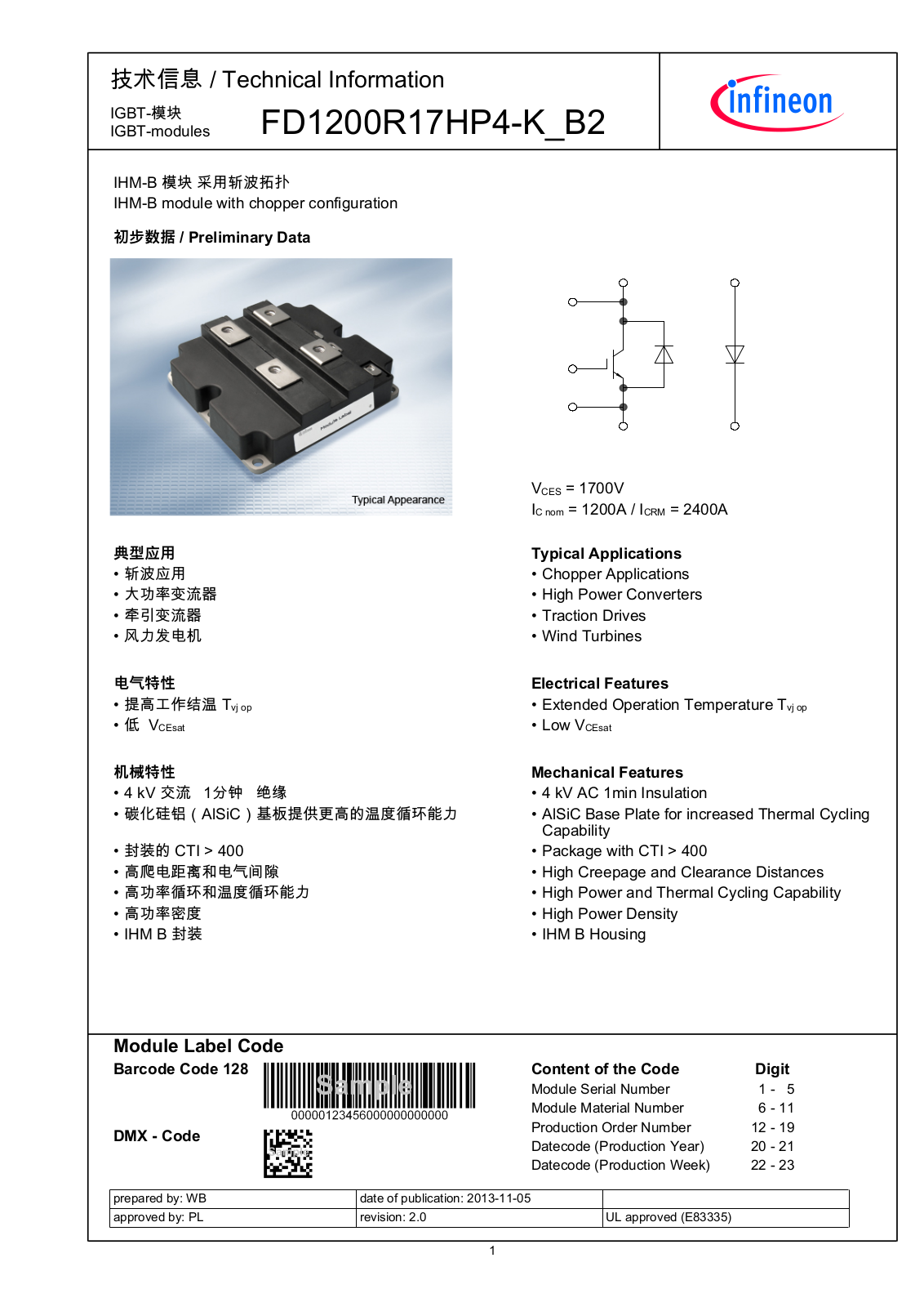 Infineon FD1200R17HP4-K-B2 Data Sheet