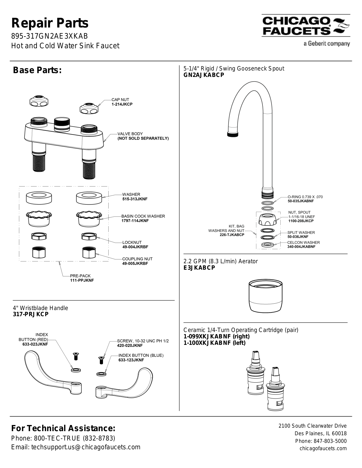 Chicago Faucet 895-317GN2AE3XKAB Parts List