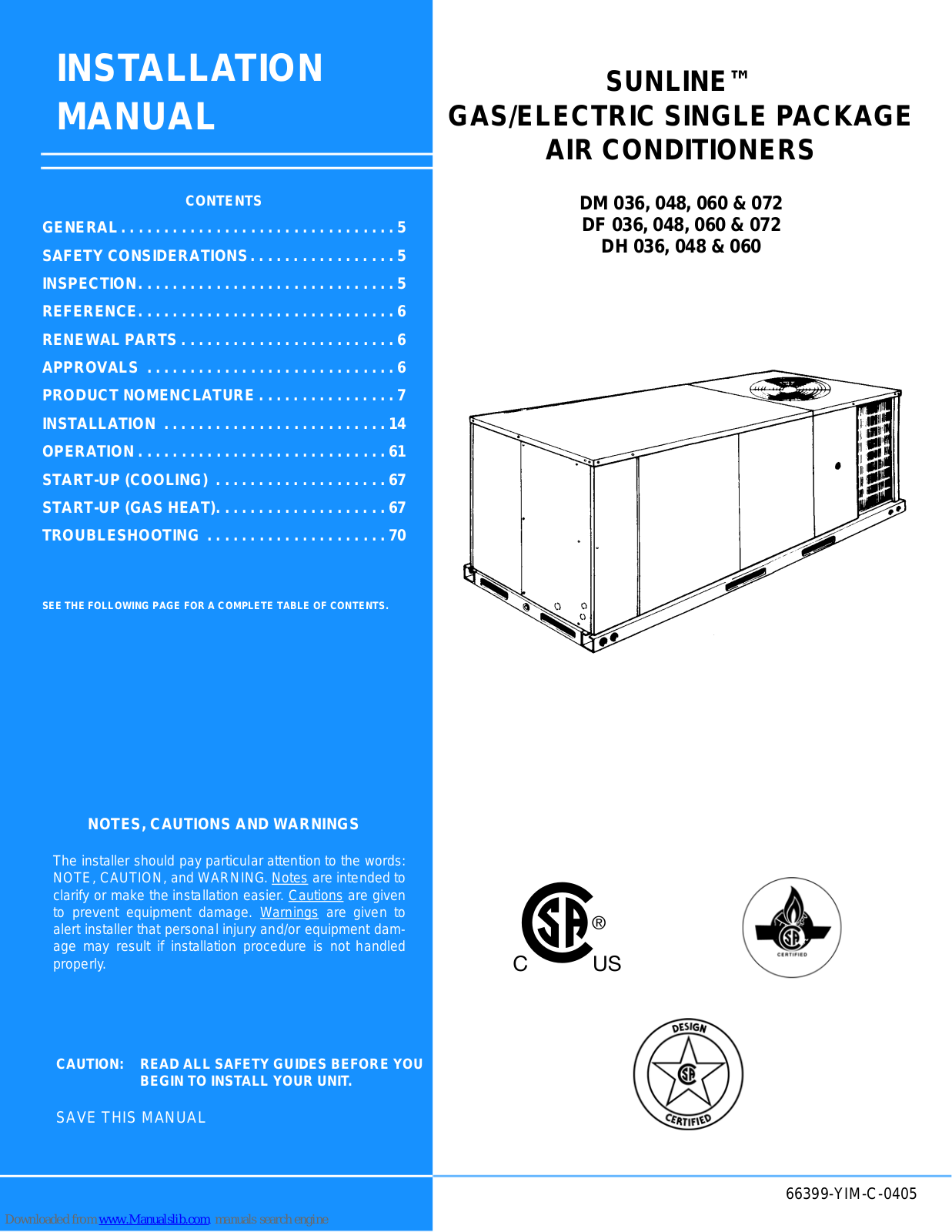 Unitary products group Sunline DM 036, Sunline DM 048, Sunline DF 048, Sunline DF 060, Sunline DM 060 Installation Manual