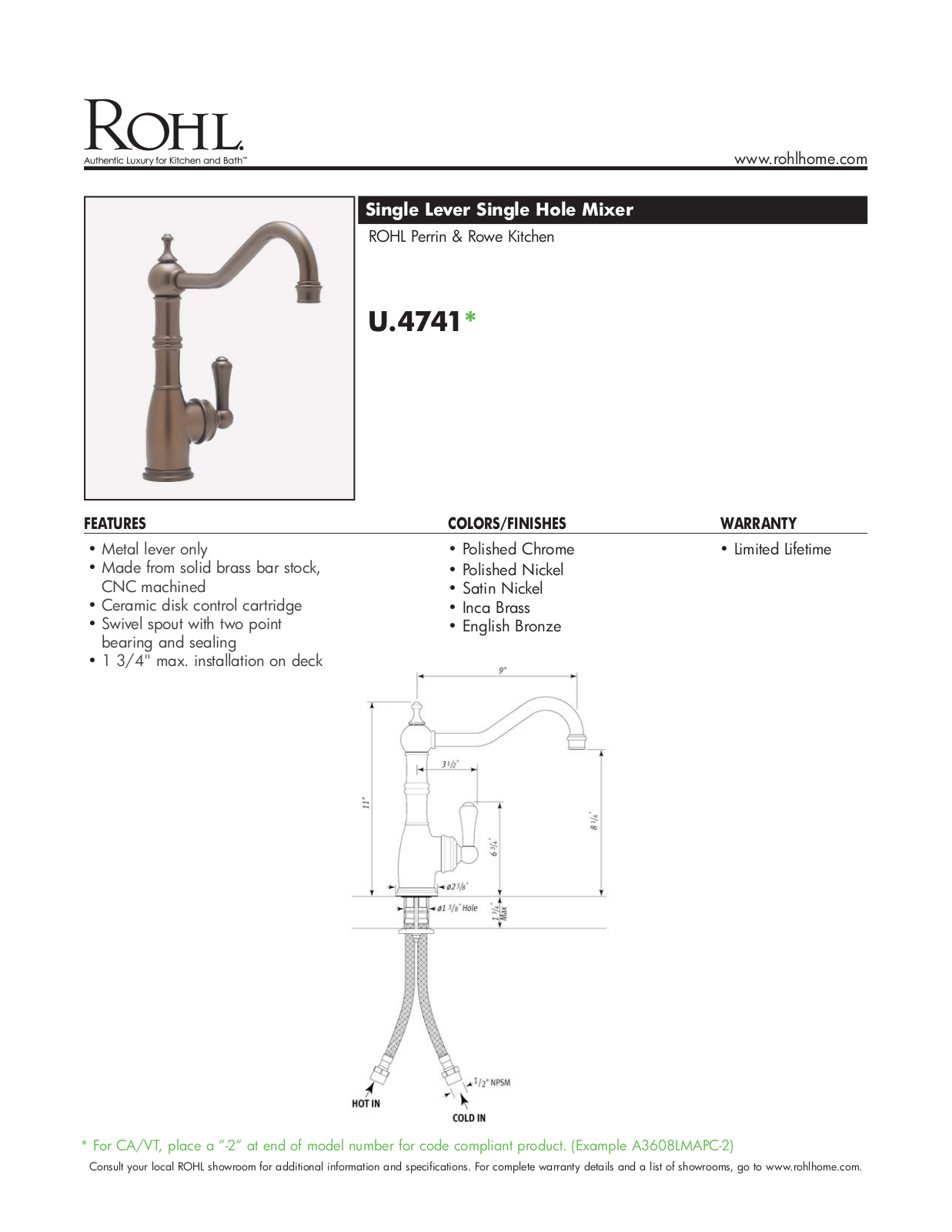 Rohl U4741SEG2 Specifications