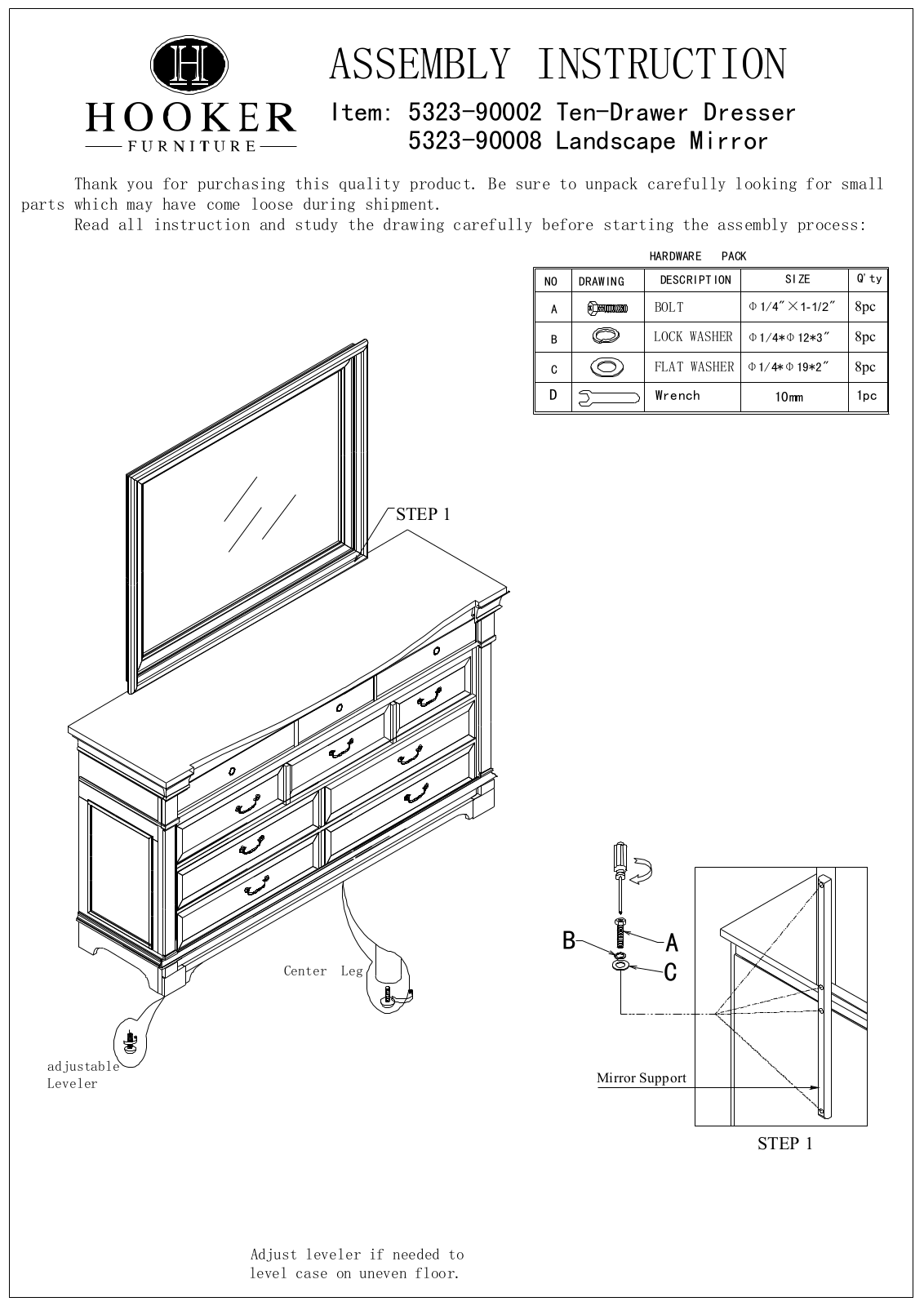 Hooker Furniture 532390008, 532390002 Assembly Guide