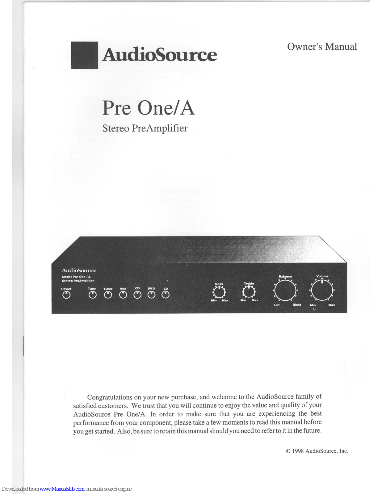 AudioSource Pre One/A Owner's Manual