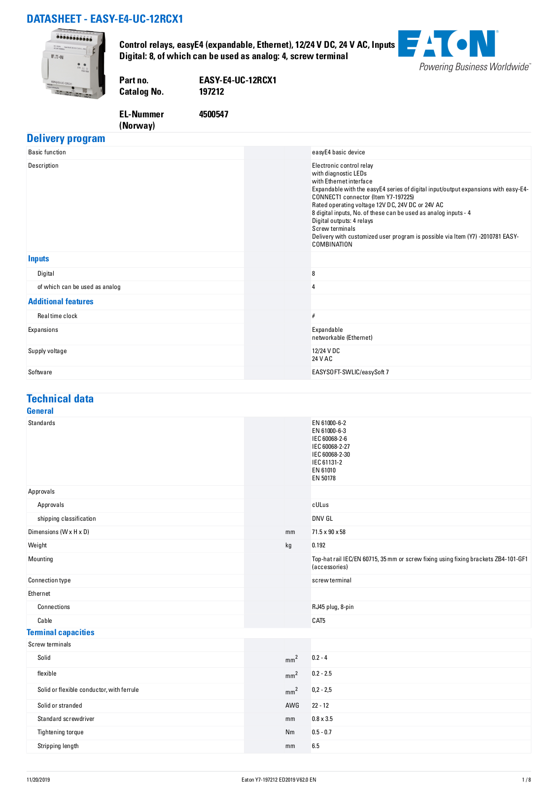 Cutler Hammer, Div of Eaton Corp EASY-E4-UC-12RCX1 Data Sheet