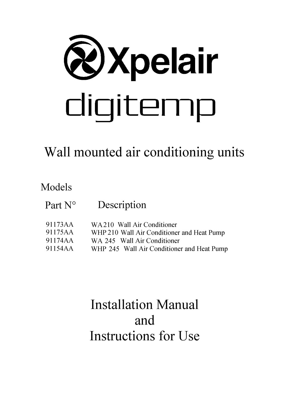 Xpelair 91175AA, 91173AA, 91154AA, 91174AA User Manual