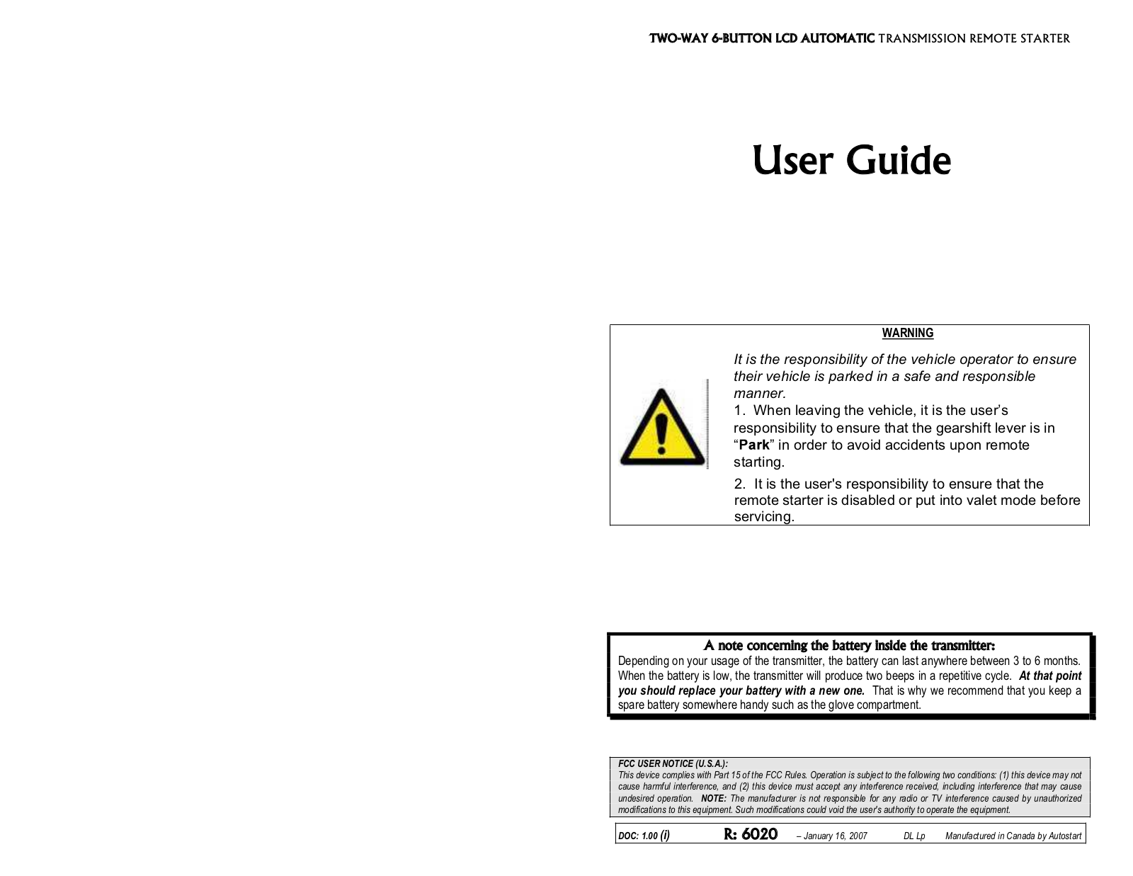 Autostart LCD Automatic Transmission Remote Starter User Manual