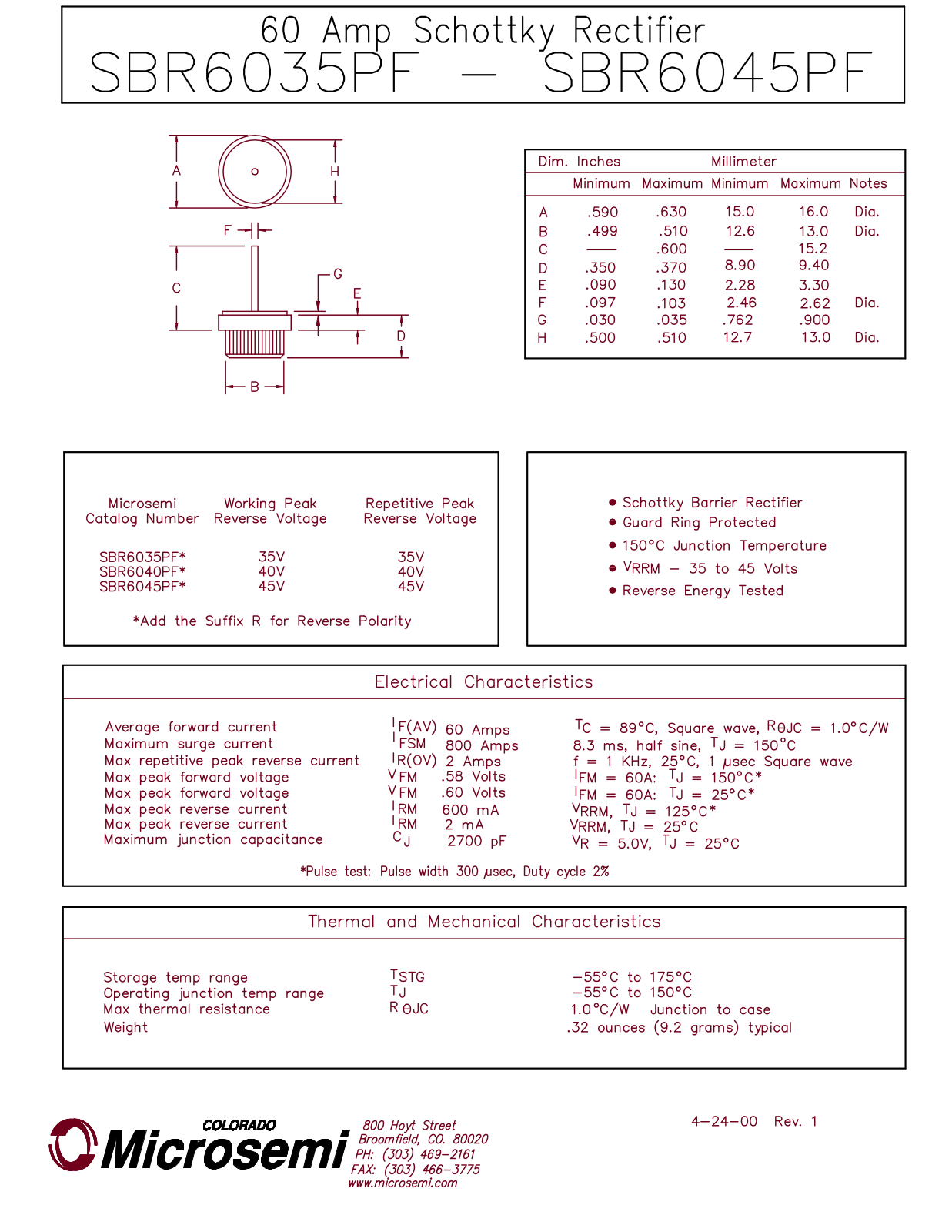 Microsemi Corporation SBR6035PF, SBR6040PF, SBR6045PF Datasheet