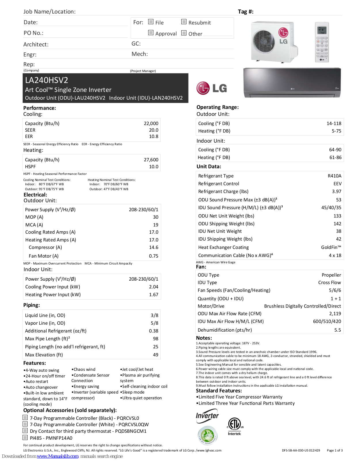 LG Art Cool LA240HSV2, Art Cool (ODU)‐LAU240HSV2, Art Cool (IDU)‐LAN240HSV2 Information Sheet