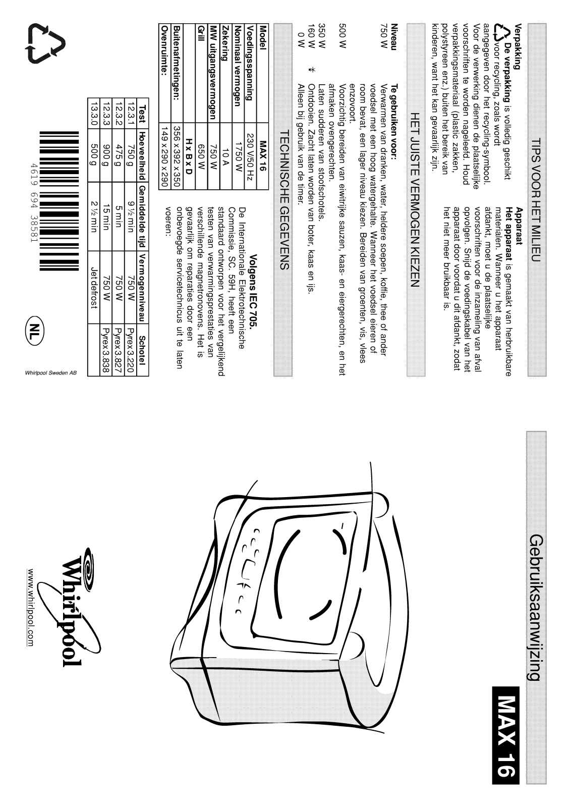 Whirlpool MAX 16/WH/2, MAX 16/WH, MAX 16/2/BL, MAX 16/BL INSTRUCTION FOR USE