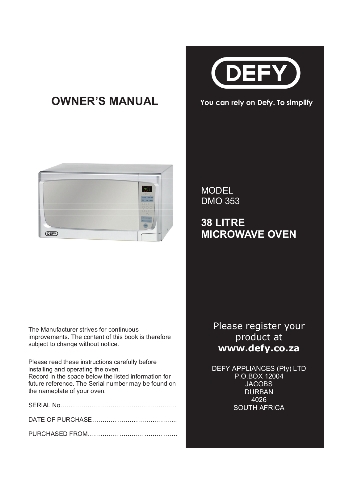 Defy DMO 353 User Manual