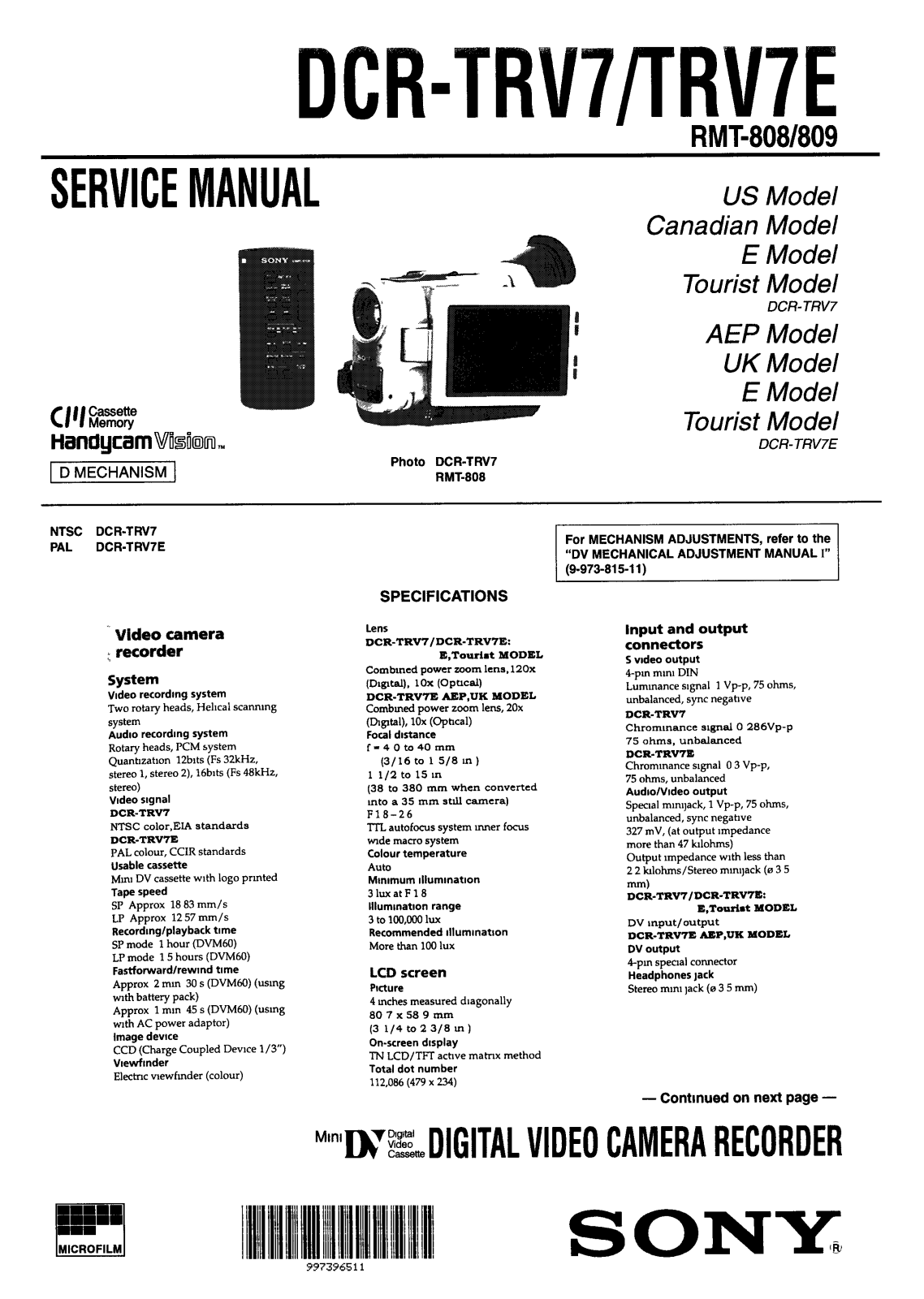 SONY DCR-TRV40 Service Manual