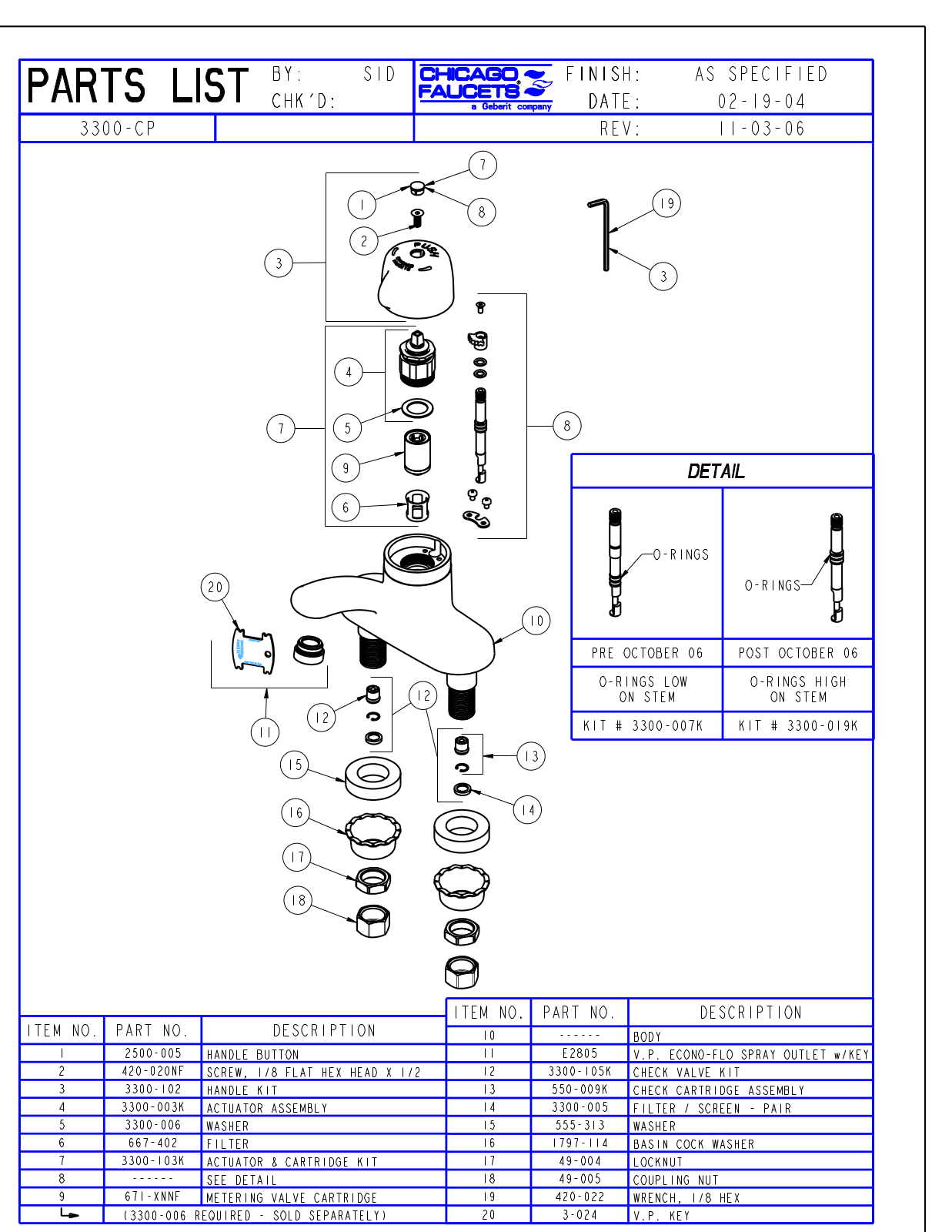 Chicago Faucet 3300-CP Parts List