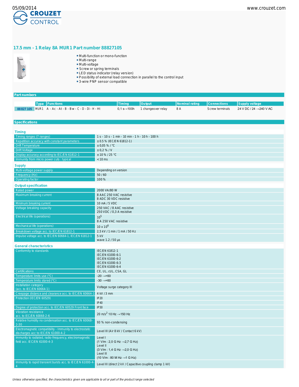 Crouzet 88827105 Data Sheet