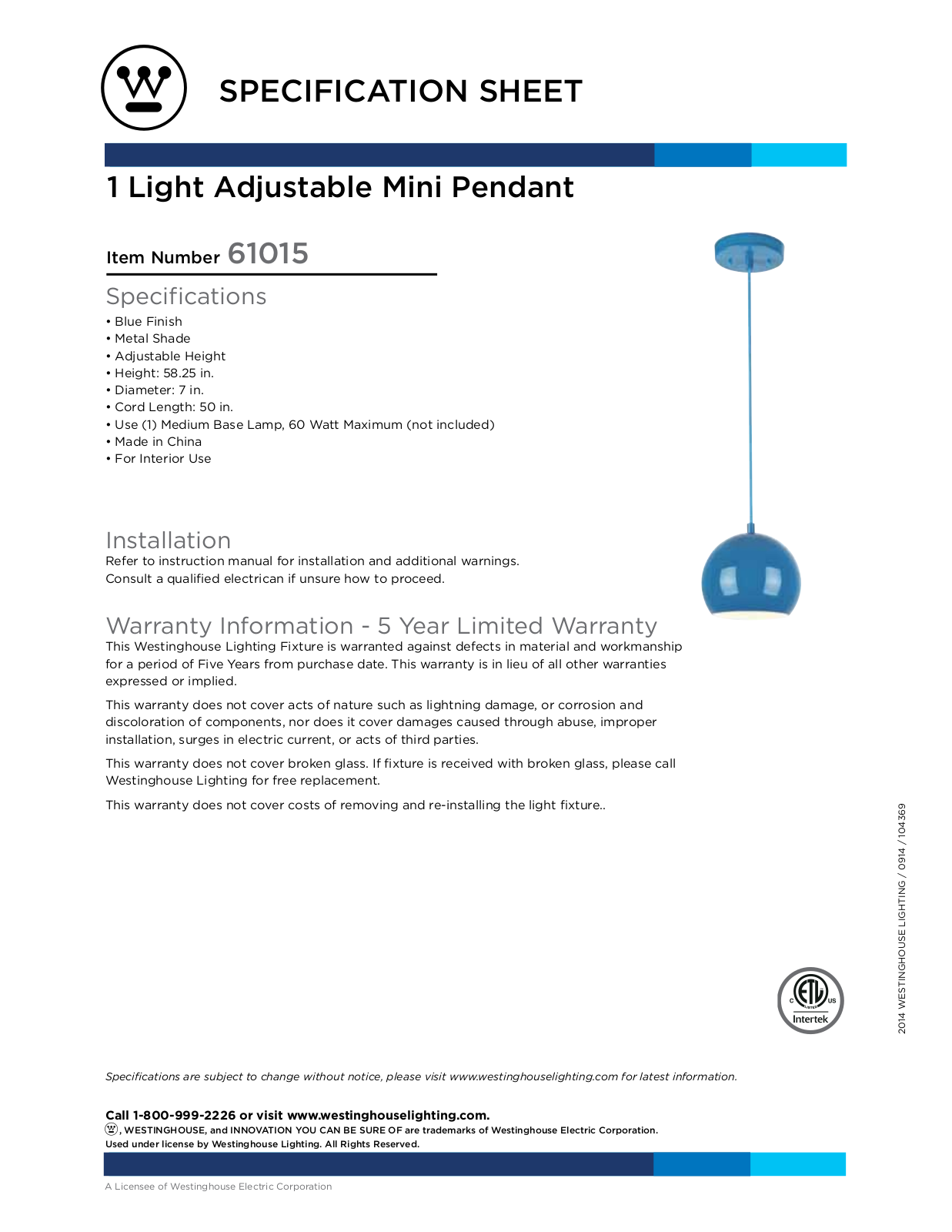 Westinghouse 6101500 Specification