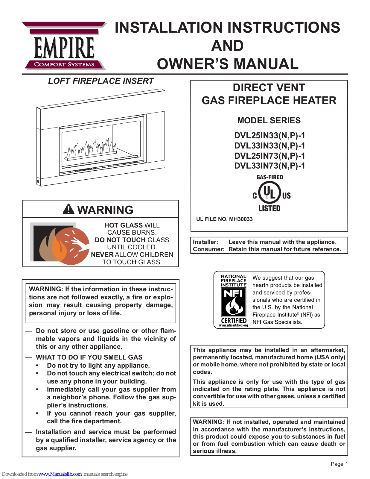 Empire Comfort Systems DVL25IN73N-1, DVL25IN33N-1, DVL25IN33P-1, DVL33IN33N-1, DVL33IN33P-1 Owner's Manual