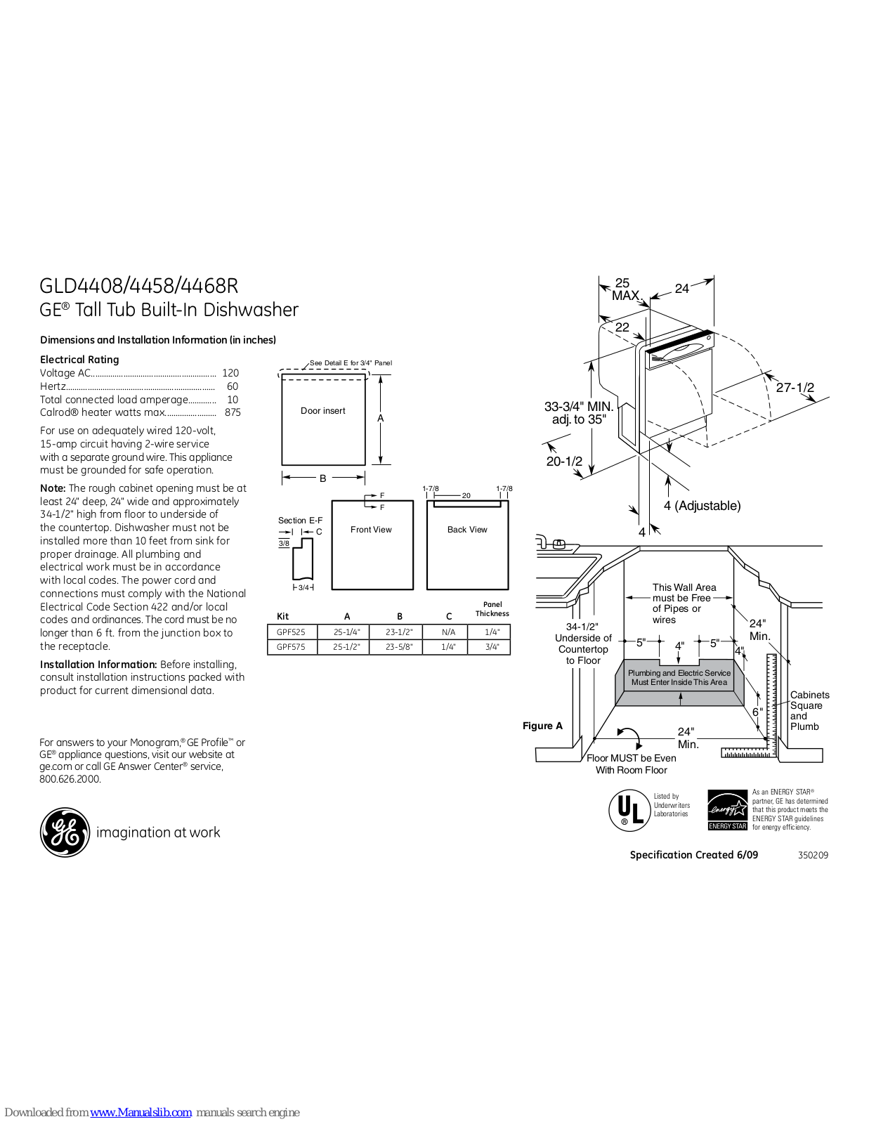 GE GLD4408RCC, GLD4458RCS, GLD4408R, GLD4468RSS, GLD4458 Dimensions And Installation Information