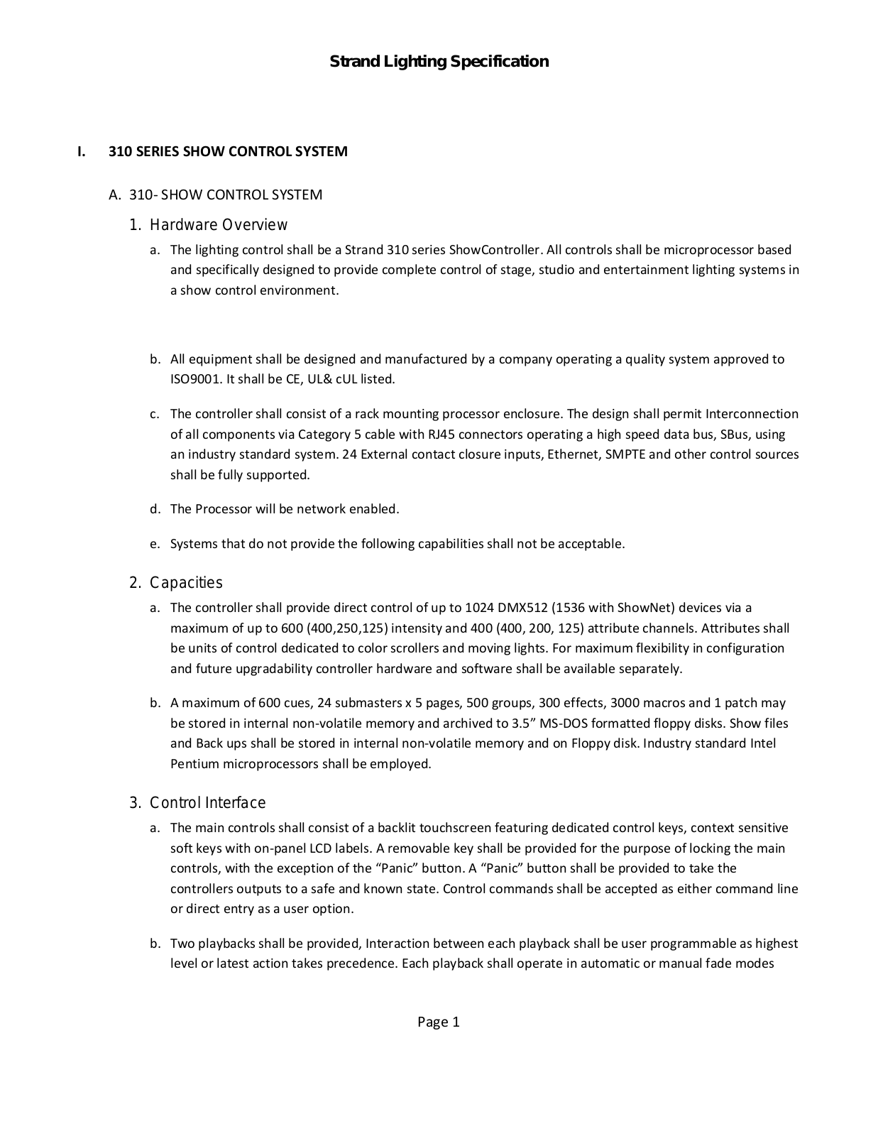 Strand 310 Series Show Control System Specification - ManualMachine.com