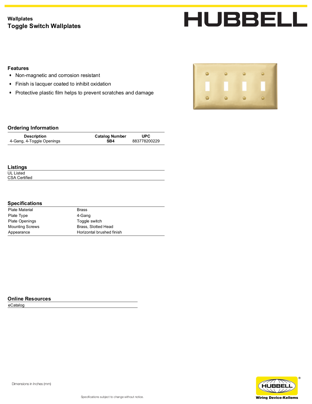 Hubbell SB4 Specifications