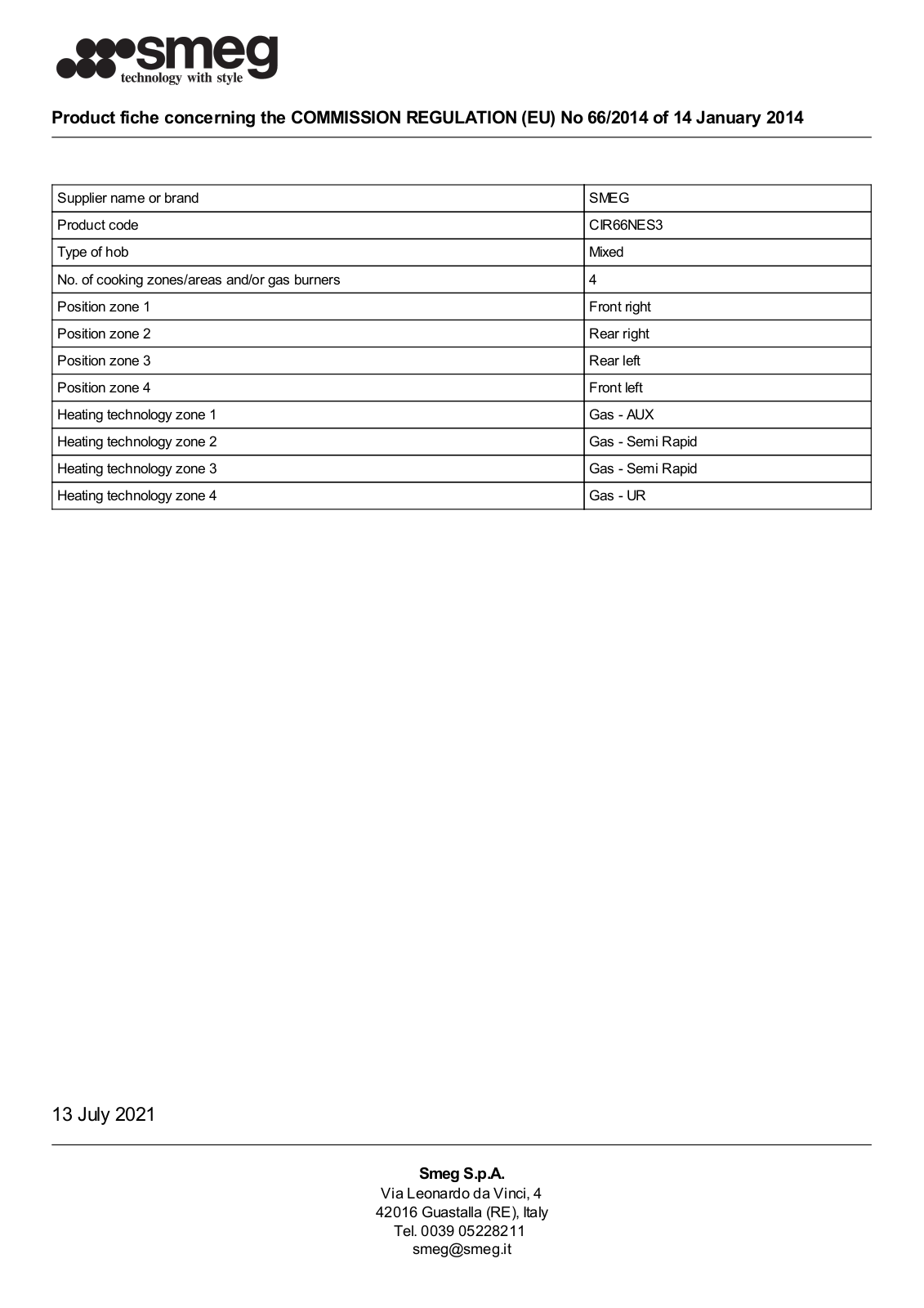 Smeg CIR66NES3 product information sheet