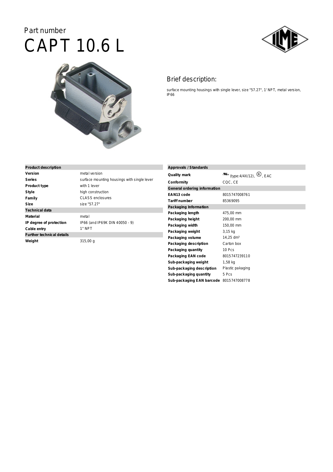 Datasheet CAPT-10.6L Datasheet (ILME) - ManualMachine.com