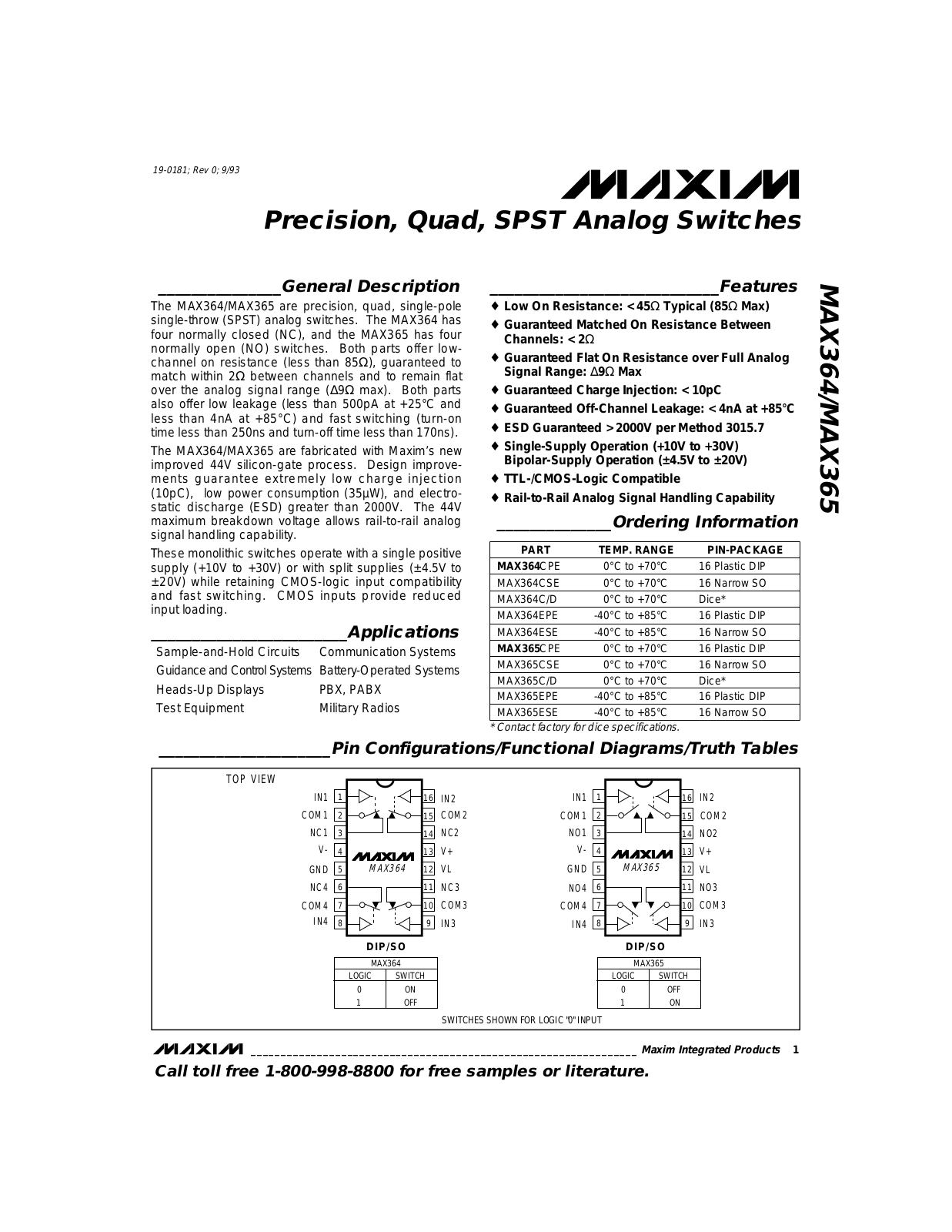 Maxim MAX365ESE, MAX365EPE, MAX365CSE, MAX365CPE, MAX364ESE Datasheet