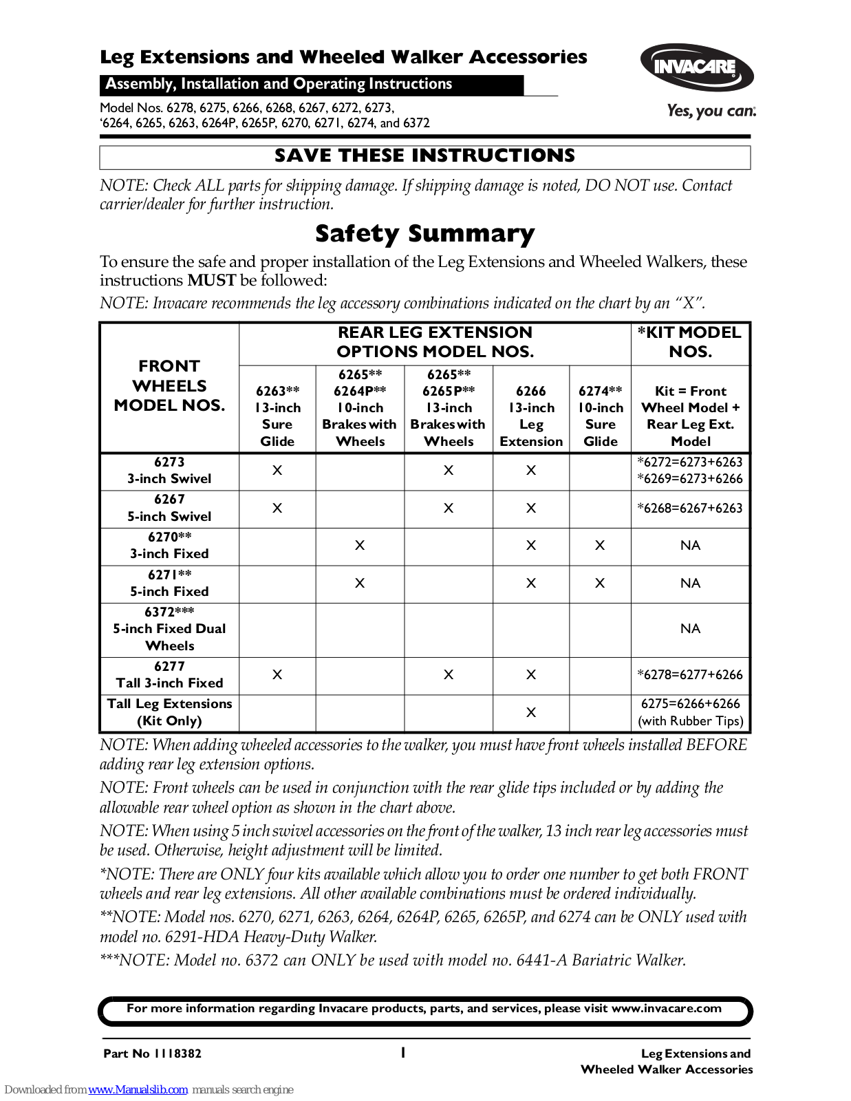 Invacare 6265P, 6270, 6271, 6291HDA, 6372 Assembly, Installation And Operating Instructions