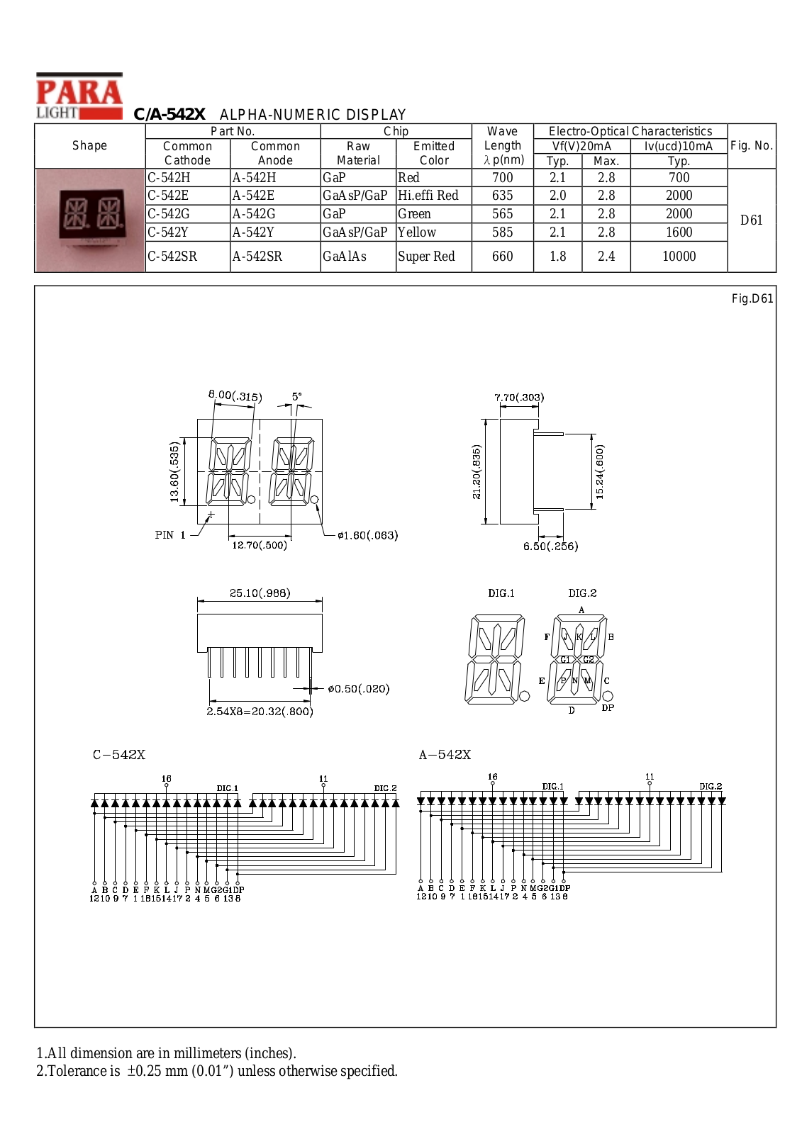 PARA C-542Y, C-542SR, C-542G, C-542E, A-542Y Datasheet