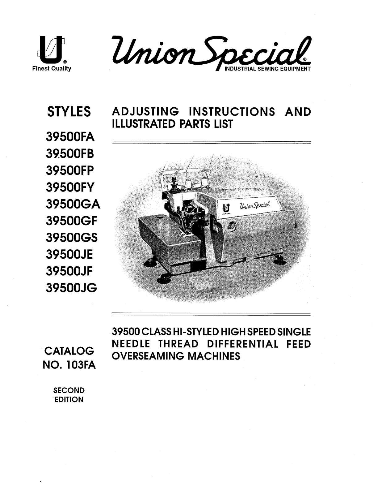Union Special 39500FA, 39500FB, 39500FP, 39500FY, 39500GA Parts List