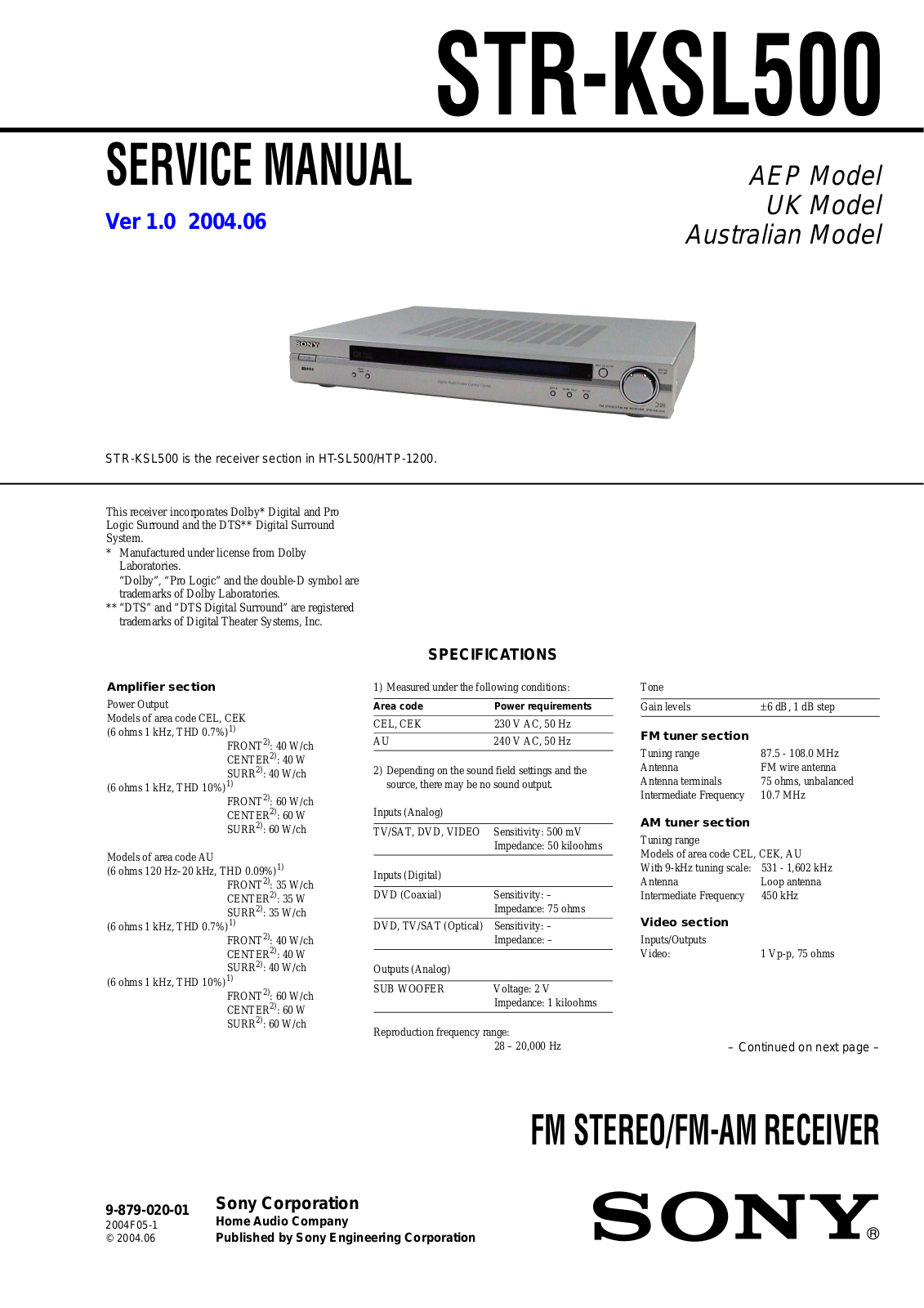 Sony STR-KSL500 Service Manual